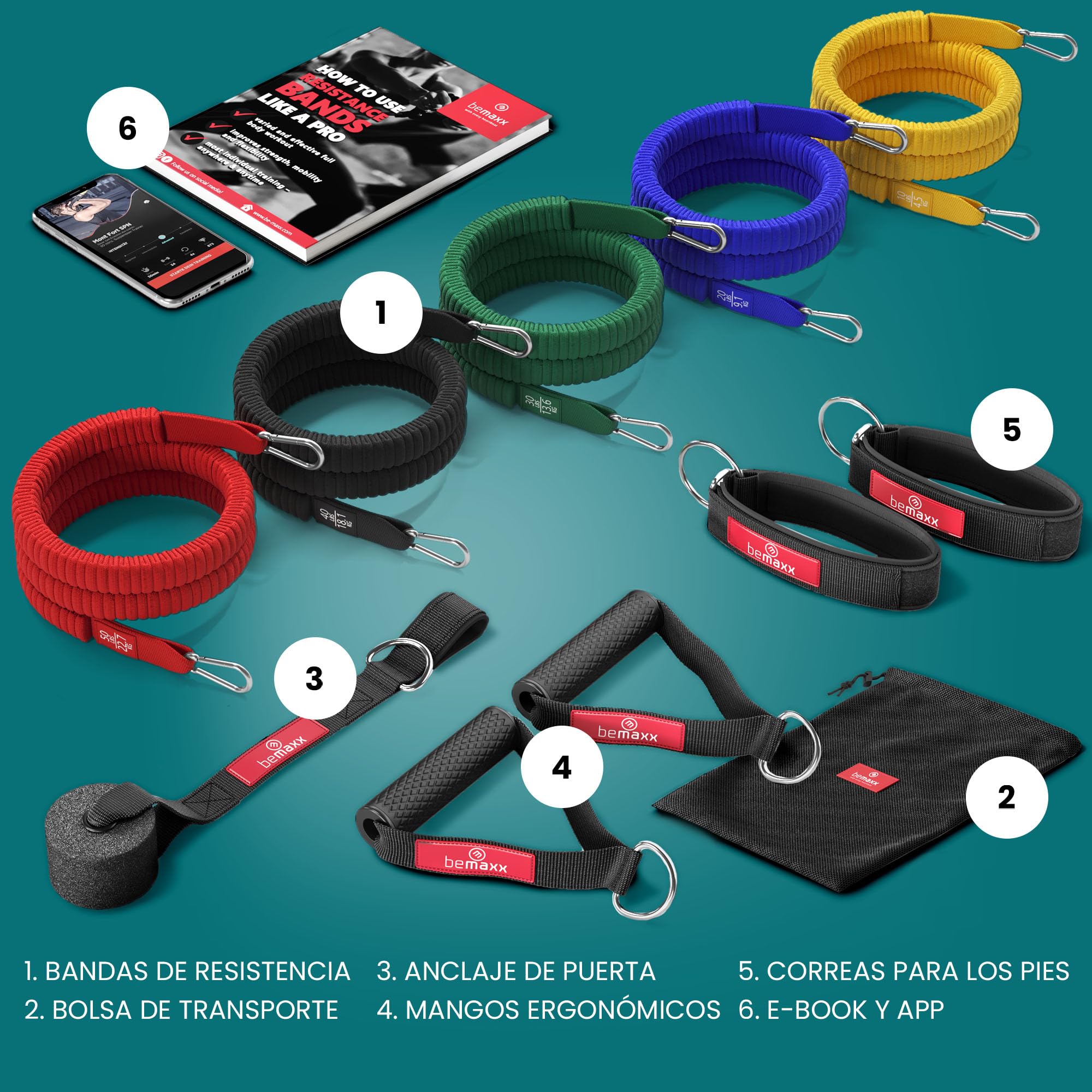 Juego de Bandas de Resistencia elásticas + guía de Ejercicios – Cintas Profesionales: 5 Tubos + Tobillera, Anclaje para Puerta & Asas Acolchadas | Fitness, Gimnasio, Deporte, Culturismo