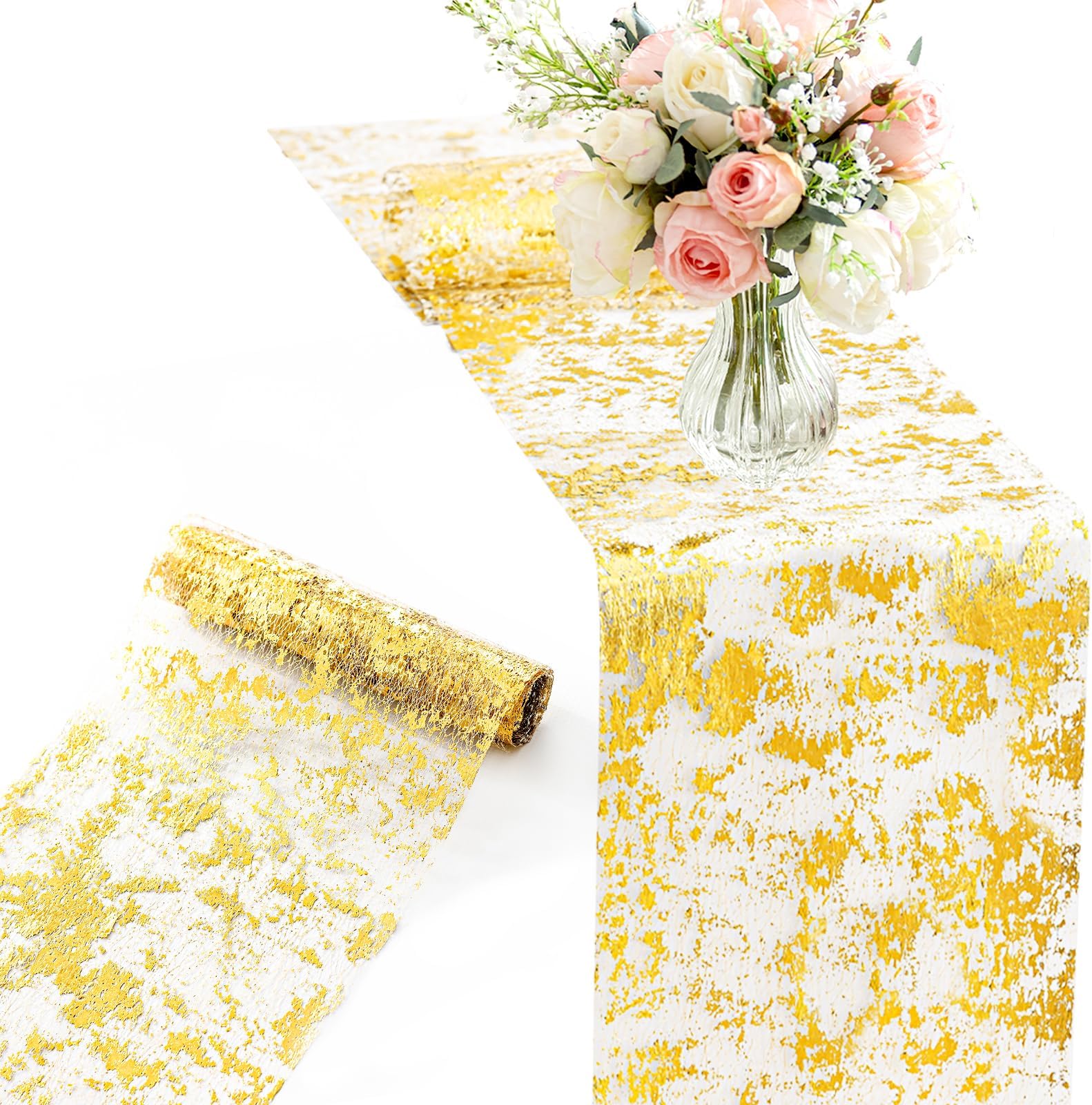 9FT Glitter Gold Table Runner 11 Inches Wide Thin Metallic Mesh Sparkle Runner Roll Table Decor for Wedding Bridal Shower, Baby Shower Party Decor (Gold, 9FT)