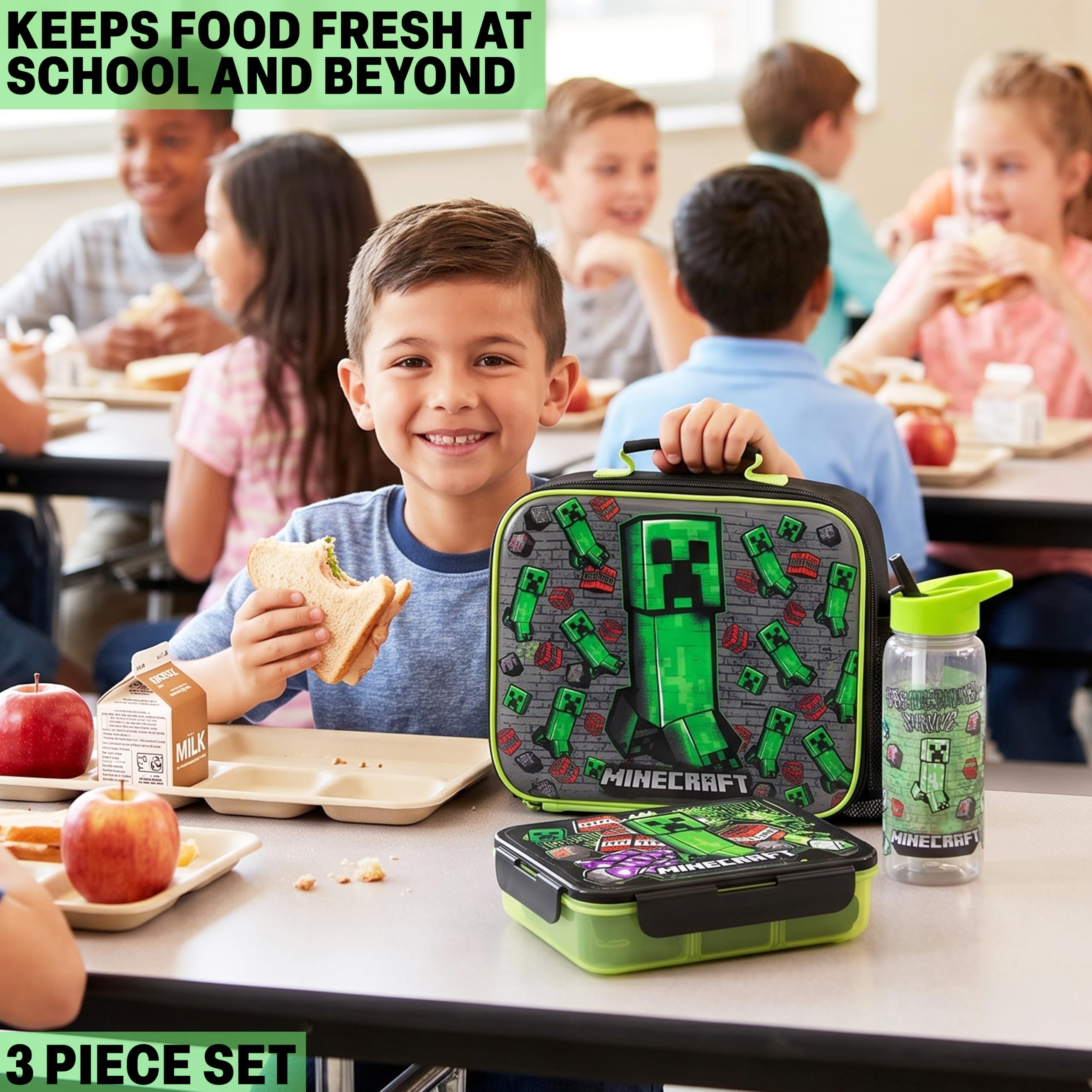 Get Trend Minecraft Brotdose Kinder Set 3-Teilig, Isolierte Lunchtasche, 640ml Trinkflasche & Snackbox mit Fächern, BPA Frei, Leicht & Robust, Bento Box Set für Schule Picknick (Grün/Multi Minecraft)