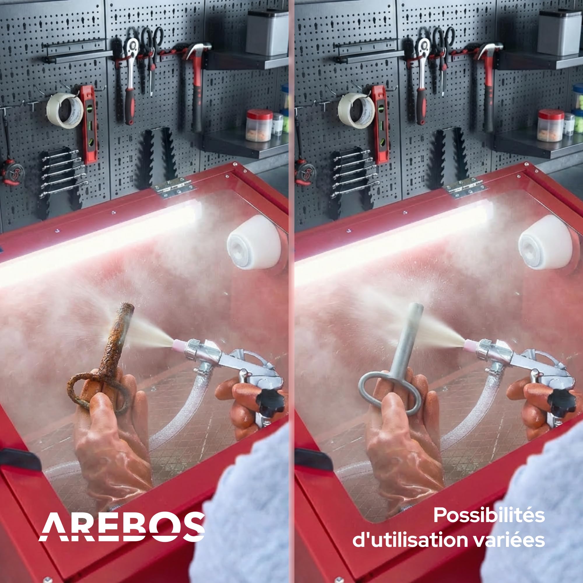 Arebos cabine de sablage 90 litres | y compris pistolet de sablage avec 4 buses en céramique | gants de travail | fenêtre de visualisation + 5 films de rechange