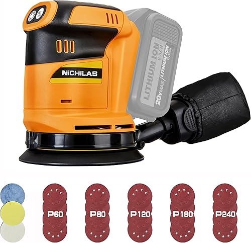 Miniatura 1 de Lijadora orbital aleatoria inalámbrica sin escobillas, 6 velocidades máximas, 13500 RPM, lijadora eléctrica de 5 pulgadas con colector de polvo para