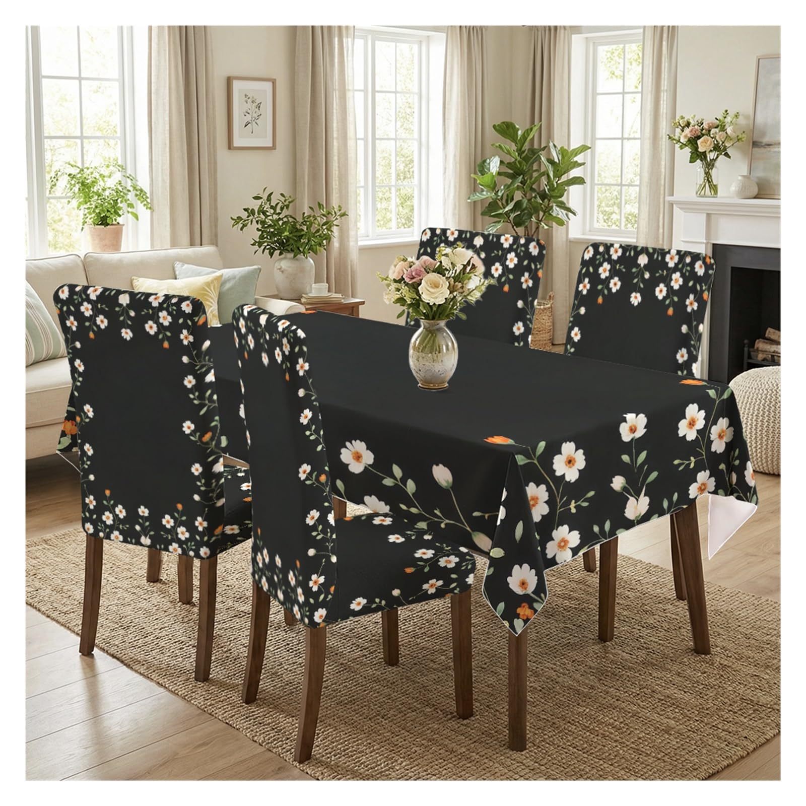 BOSUYBN Black Base White Daisy Floral Border Printed Dining Tablecloth & Chair Covers Set, 5/7 Piece Moody Minimal Cottage Home Decor Table Setting(5pcs Set: Tablecloth+Chair Covers)