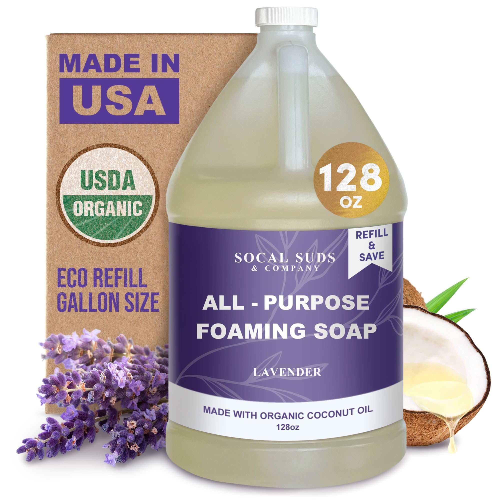 SoCal Suds Company 128oz Certified Organic Foaming Hand Body Wash - Gentle Natural Body Baby Face Wash for