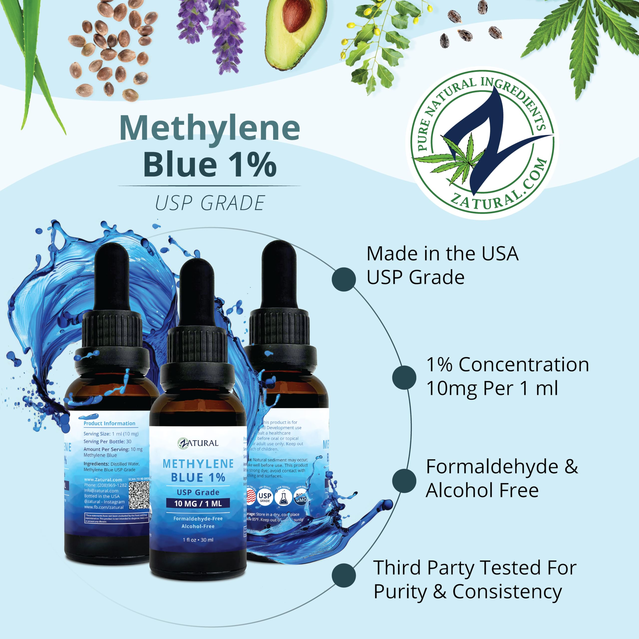 Zatural Methylene Blue 1% USP Grade, Third-Party Tested Made in USA, Formaldehyde & Alcohol-Free, 10mg/1ml (30ml Bottle)