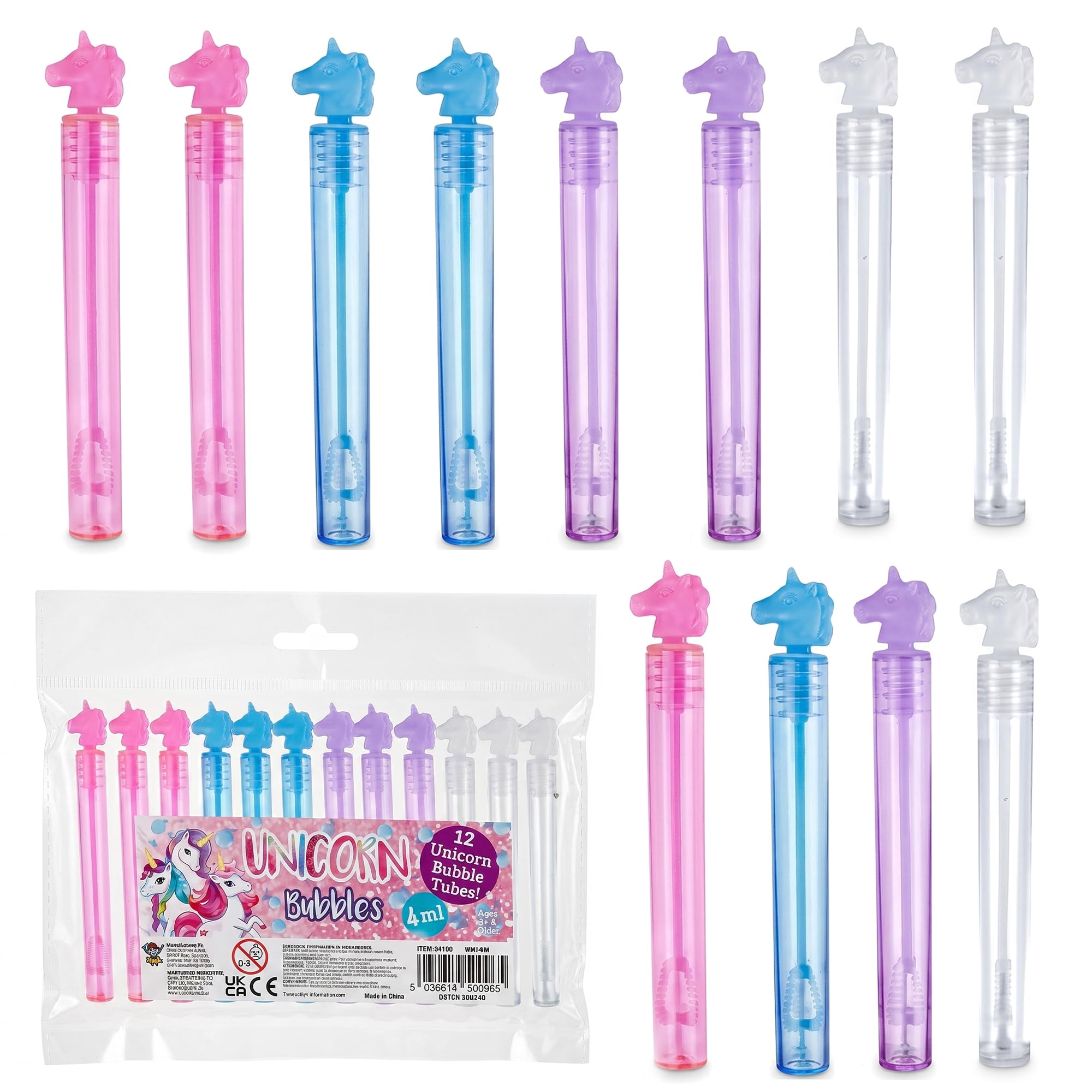 Lizzy 12 Pack Bubble Tubes with Unicorn Wand Mini Bubble Party Bag Fillers Neon Bubble Tubes 4ml Bubble Wands for Party Favours Birthday Gifts Classroom Rewards Summer Outdoor Fun