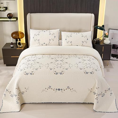 Miniatura 7 de Juego de edredón de 2 piezas con patrón bordado 3D floral azul, 100% algodón, reversible, acolchado, bordado, decorativo, ligero, suave, tamaño