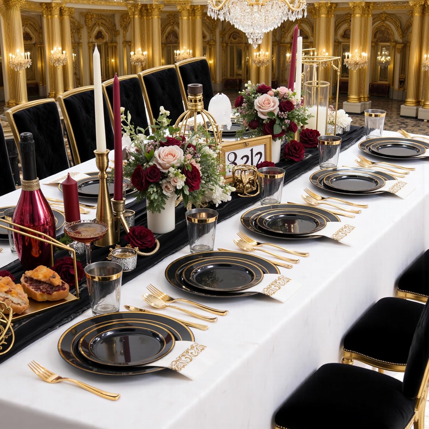 Supernal 800PCS Black and Gold Disposable Dinnerware Set Include 100 Dinner Plates&100 Dessert Plates,100 Knives,200Forks,100Spoons,100Cups,100Napkins for Party&Birthday - Image 2