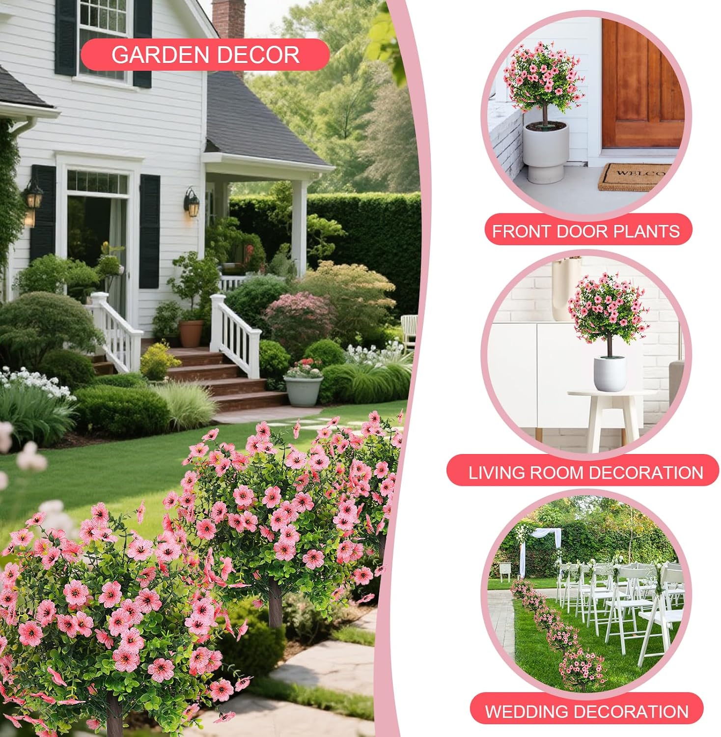 Set of 2 Artificial Shrubs for Outdoors UV Resistant Fake Bushes for Porch Balcony Patio Garden Yard Decor 17.7 Inches (Pink)