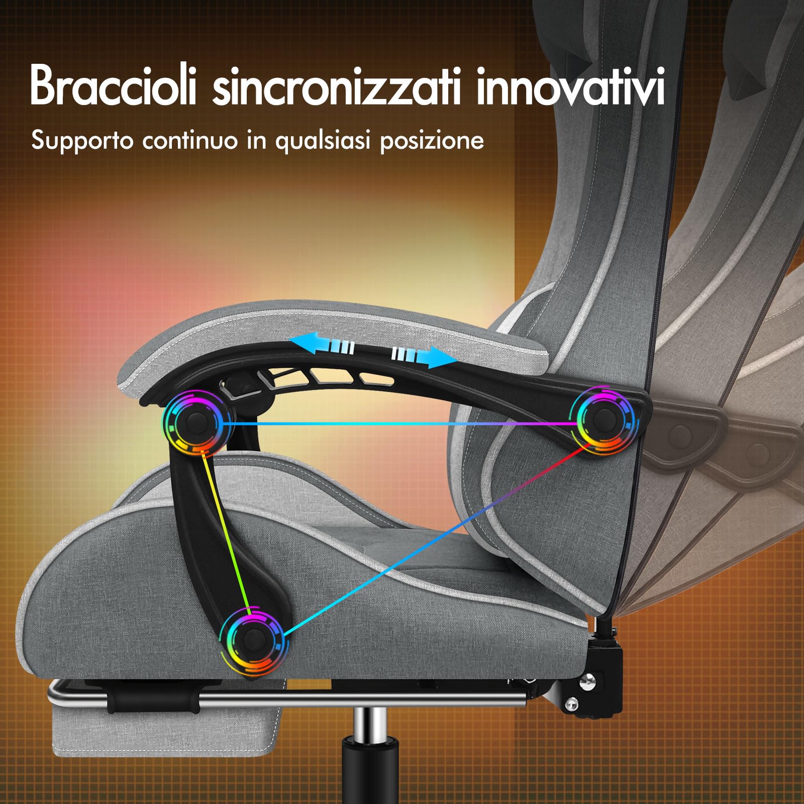 ALFORDSON Sedia Gaming Massaggiante con Poggiapiedi da Case Grigia splicing | Poltrona Gamer in Tessuto Serie THOR, Schienale regolabile, con supporto lombare e poggiatesta, portata 180 kg