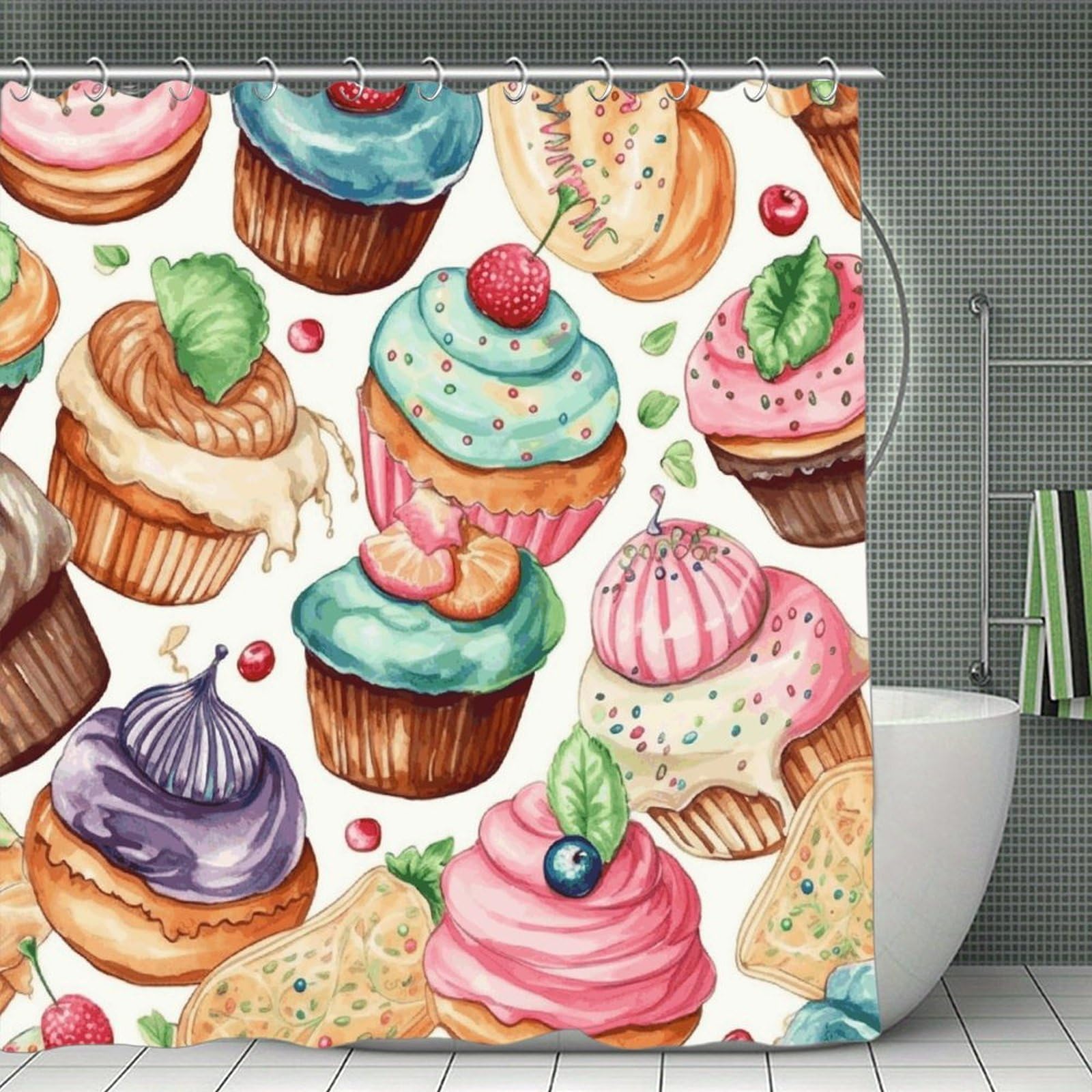 VstaDank Cupcakes Donuts Muffins Sugar Shower Curtain Waterproof Bathroom Curtain with Hooks Luxury Weighted Bath Curtains for Bathtubs Showers Room Dividers Decorative Shower Curtains 71x71 in