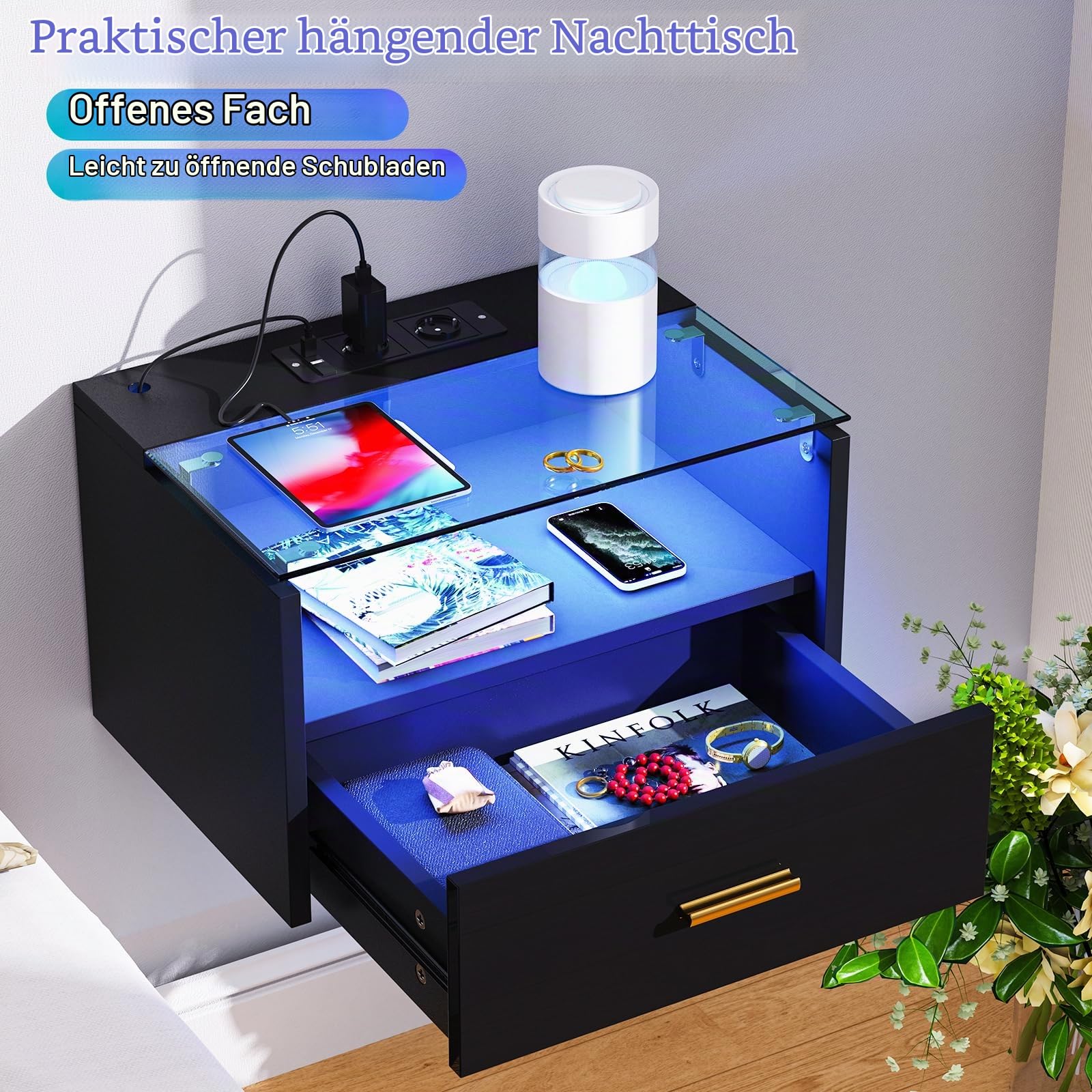 2er Set Nachttisch Hängend mit Steckdose, Nachtschrank Wandmontage, Nachtkästchen Schwebend mit Led, Wandregal mit Schublade für Wohnzimmer, Schlafzimmer (Schwarz, 42x30x24.5cm)