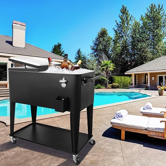 80QT Rolling Cooler Cart with Wheels, Ice Chest Outdoor Backyard Coolers on Wheels with Large Storage Space, Portable Drink Beverage Bar for Patio Pool Party with Shelf and Bottle Opener