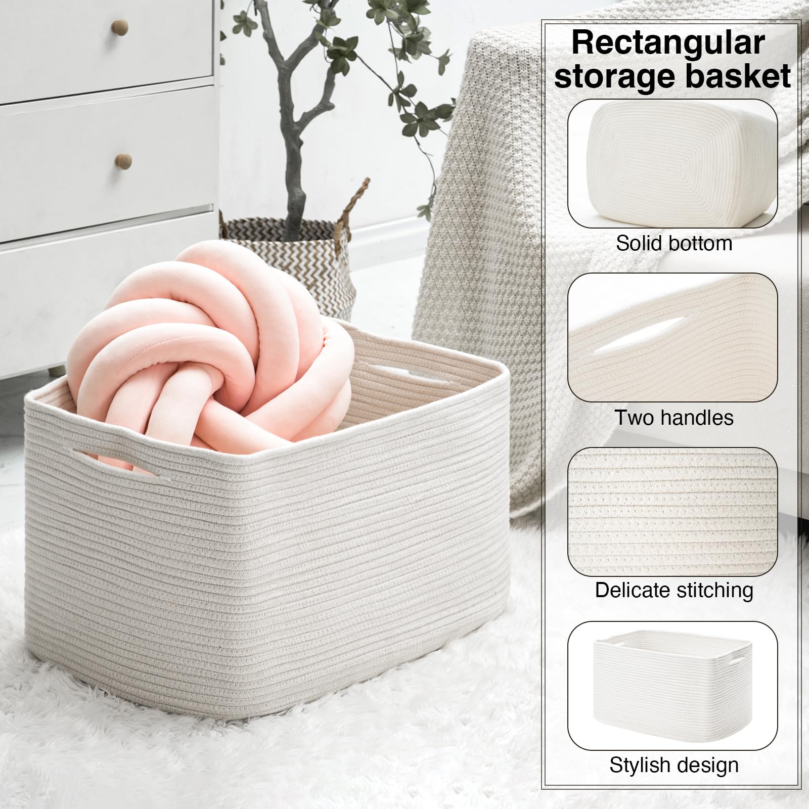 Cesta rectangular grande para manta, cesta de almacenamiento grande, cestas tejidas de cuerda de algodón para almacenamiento con asas, cestas de juguetes para guardería, sala de estar, 4