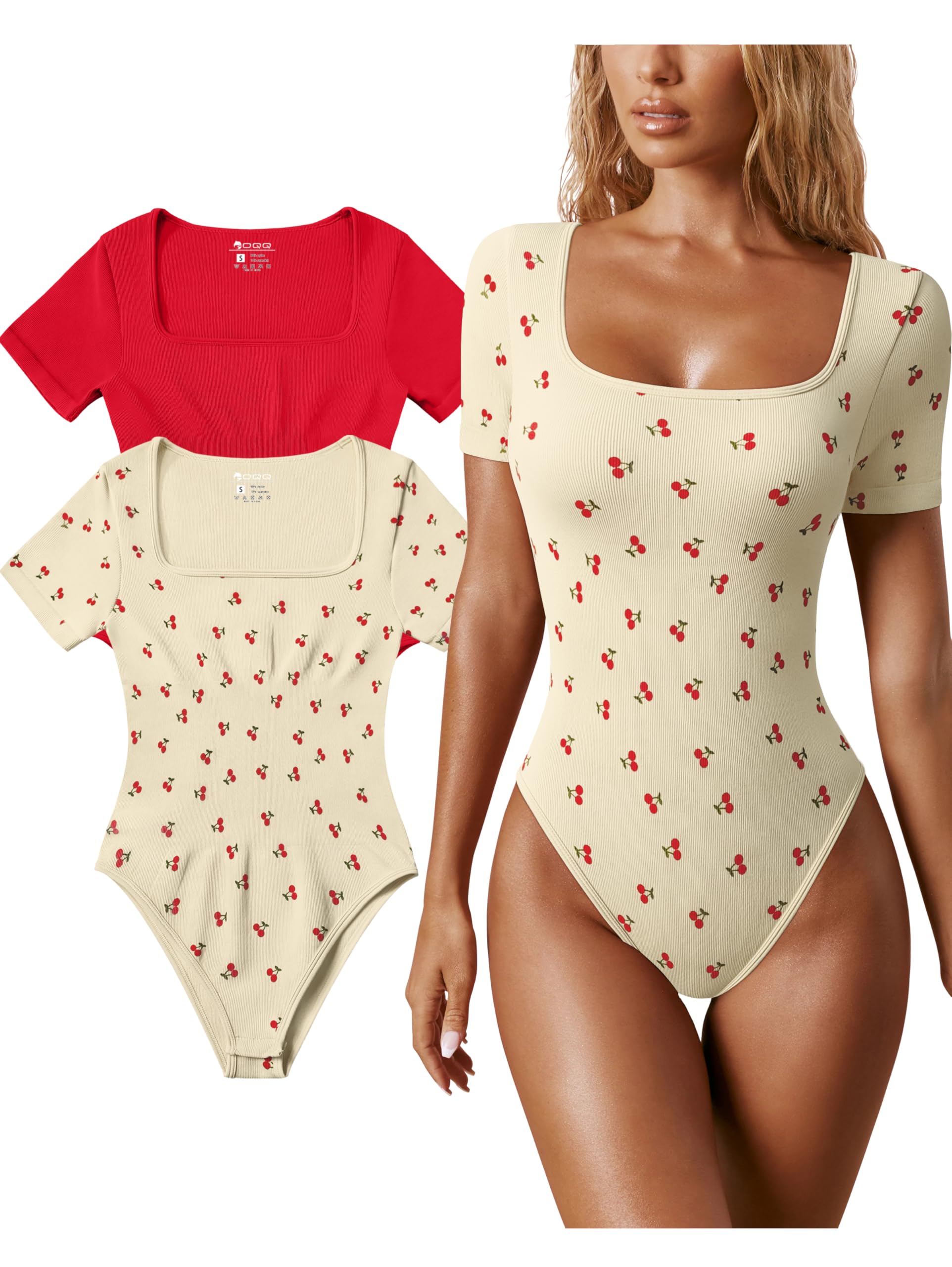 OQQWomen's 2 Piece Bodysuits Sexy Ribbed One Piece Square Neck Short Sleeve Bodysuits