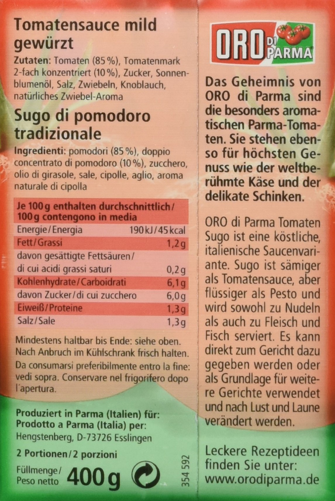 ORO di Parma Tomatensauce Sugo Tradizionale 400 g Packung, 8er Pack