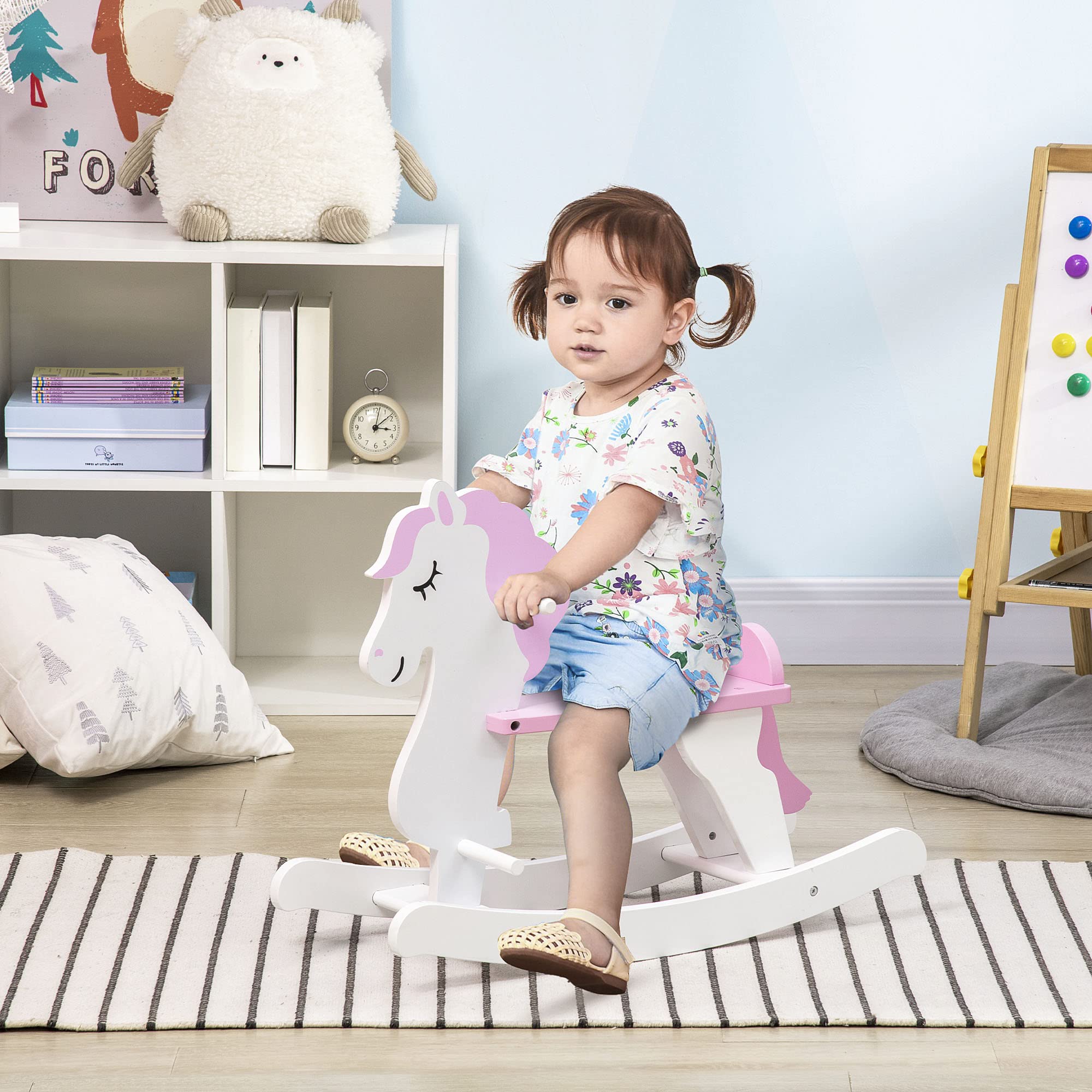 HOMCOM Caballito Balancín para Niños de 1-3 Años Caballo Mecedora de Madera con Manillar y Pedales Carga 50 kg 68x27x46,5 cm Blanco y Rosa