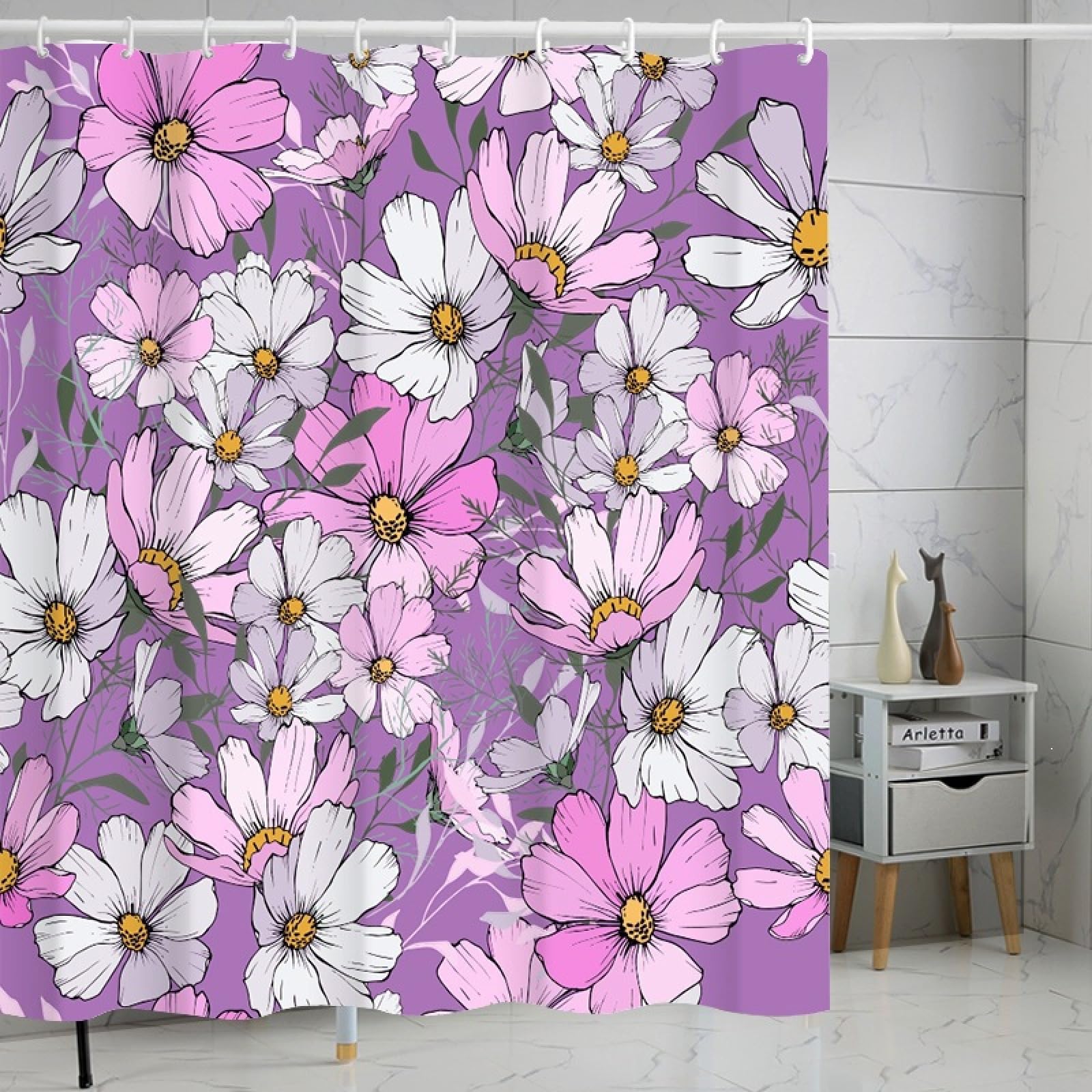 Shower Curtains Purple Pink Floral Wet Room Shower Curtain Mould Proof Resistant Waterproof Polyster Fabric Washable with 12 Hooks Garden Bathroom Curtains (180x220cm)