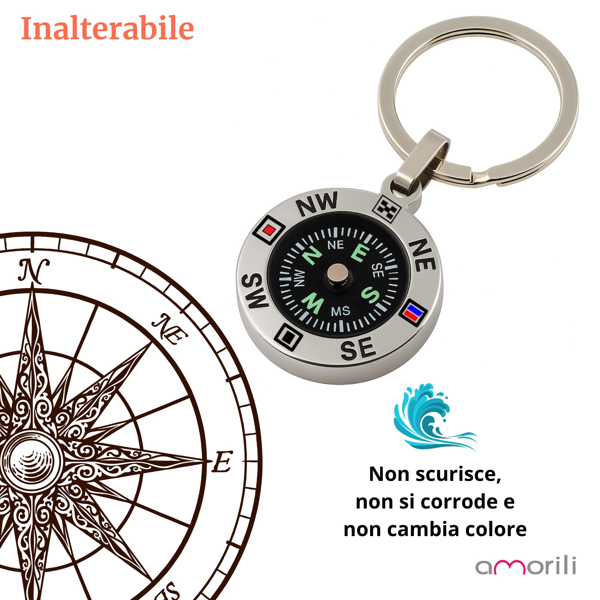 Portachiavi Uomo con Bussola Marinara in Acciaio Inossidabile – Idea Regalo Nautica – Accessorio Elegante per Marinaio, Viaggiatore, Amante del Mare - prt0092