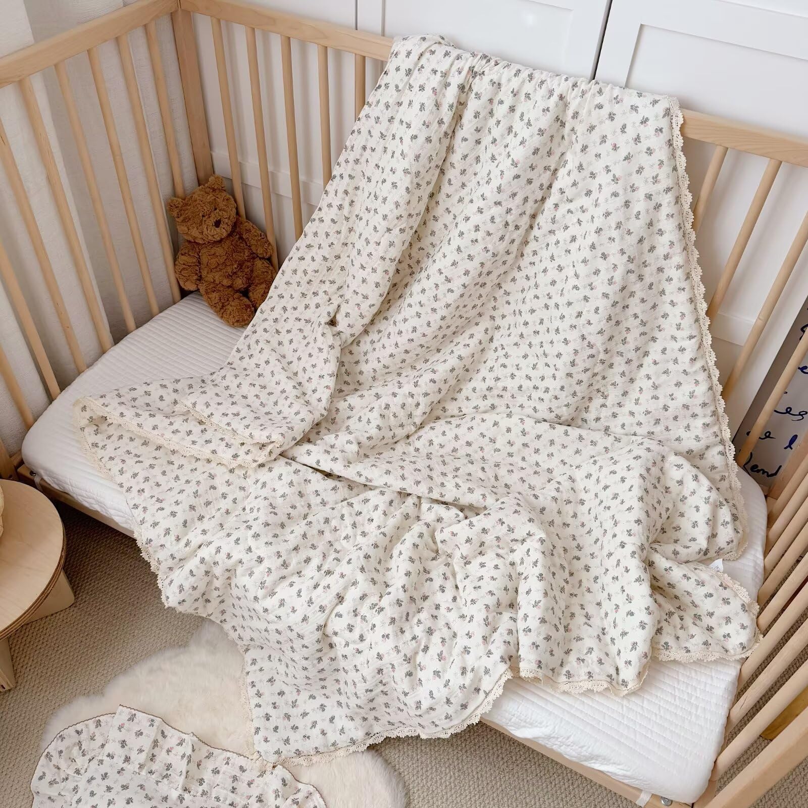 BuLuTu Coperta trapuntata in mussola di cotone con stampa a fiori rosa, per bambine e ragazzi, leggera e morbida, per culla, per bambini, per tutte le stagioni, 119,2 x 150,2 cm