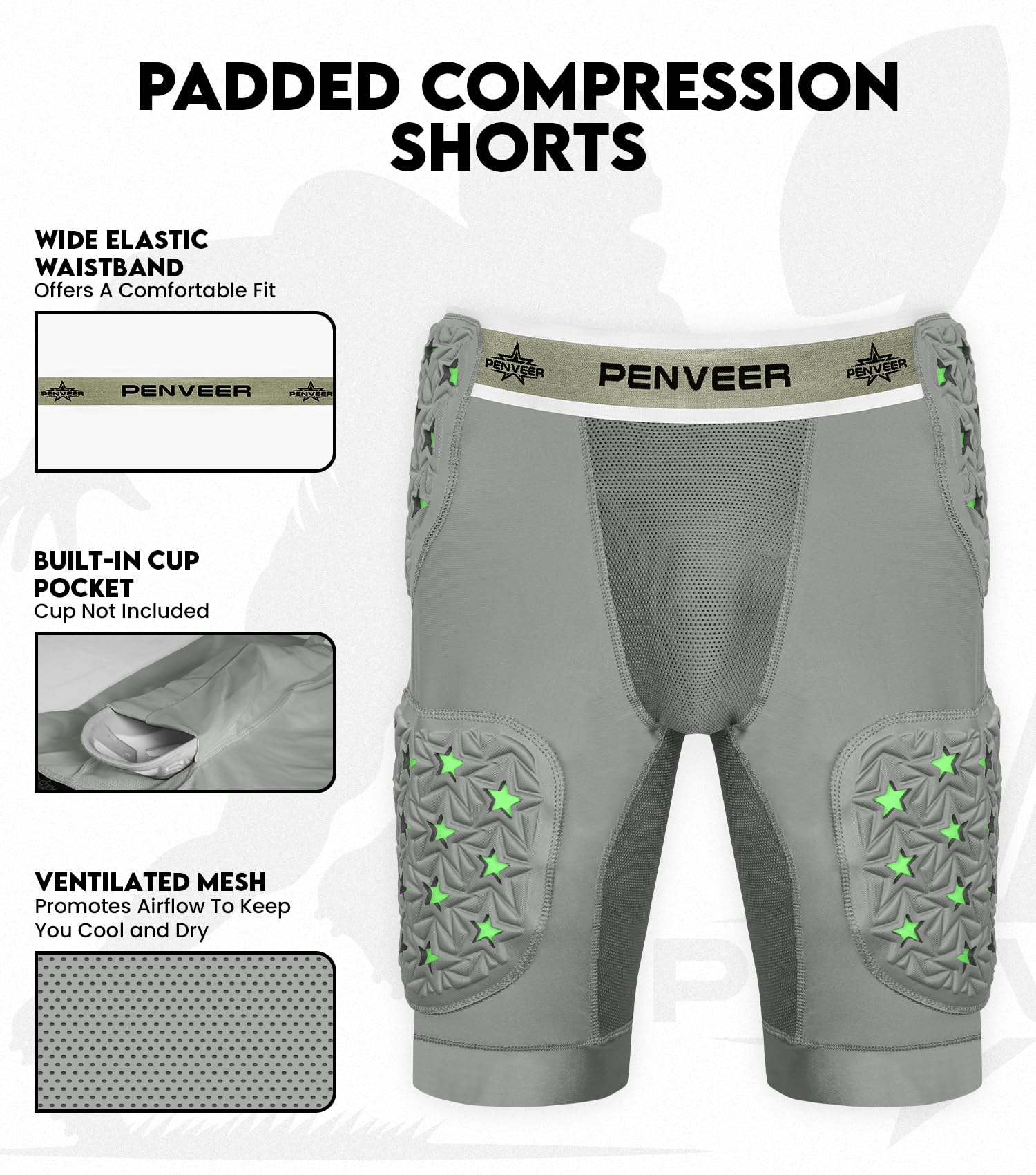 Penveer 5-Pad Adult Football Girdle for Men with Cup Pocket - 2-Tone Integrated Hip, Thigh & Tailbone Pads for Maximum Protection, Men's Padded Compression Shorts (Grey, AS)