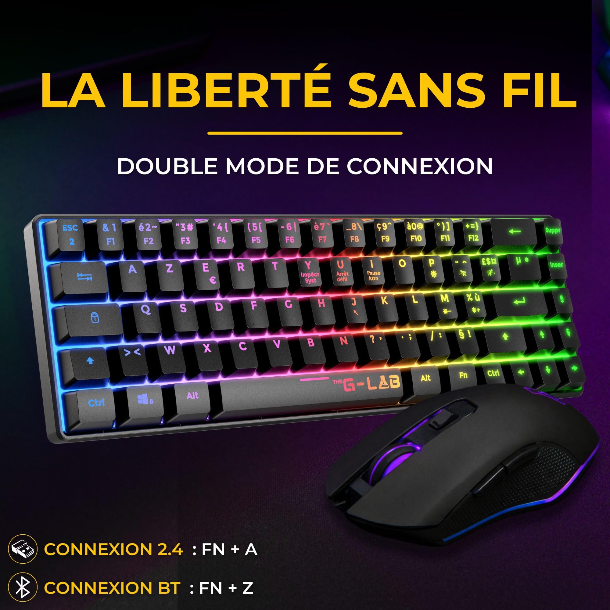The G-Lab Combo Hydrogen WL – Pack Clavier Souris Gamer sans Fil – Clavier Gamer sans Fil 60% AZERTY FR RGB – Souris Gaming 7200 DPI – Double Mode 2,4GHz & Bluetooth – PC et PS