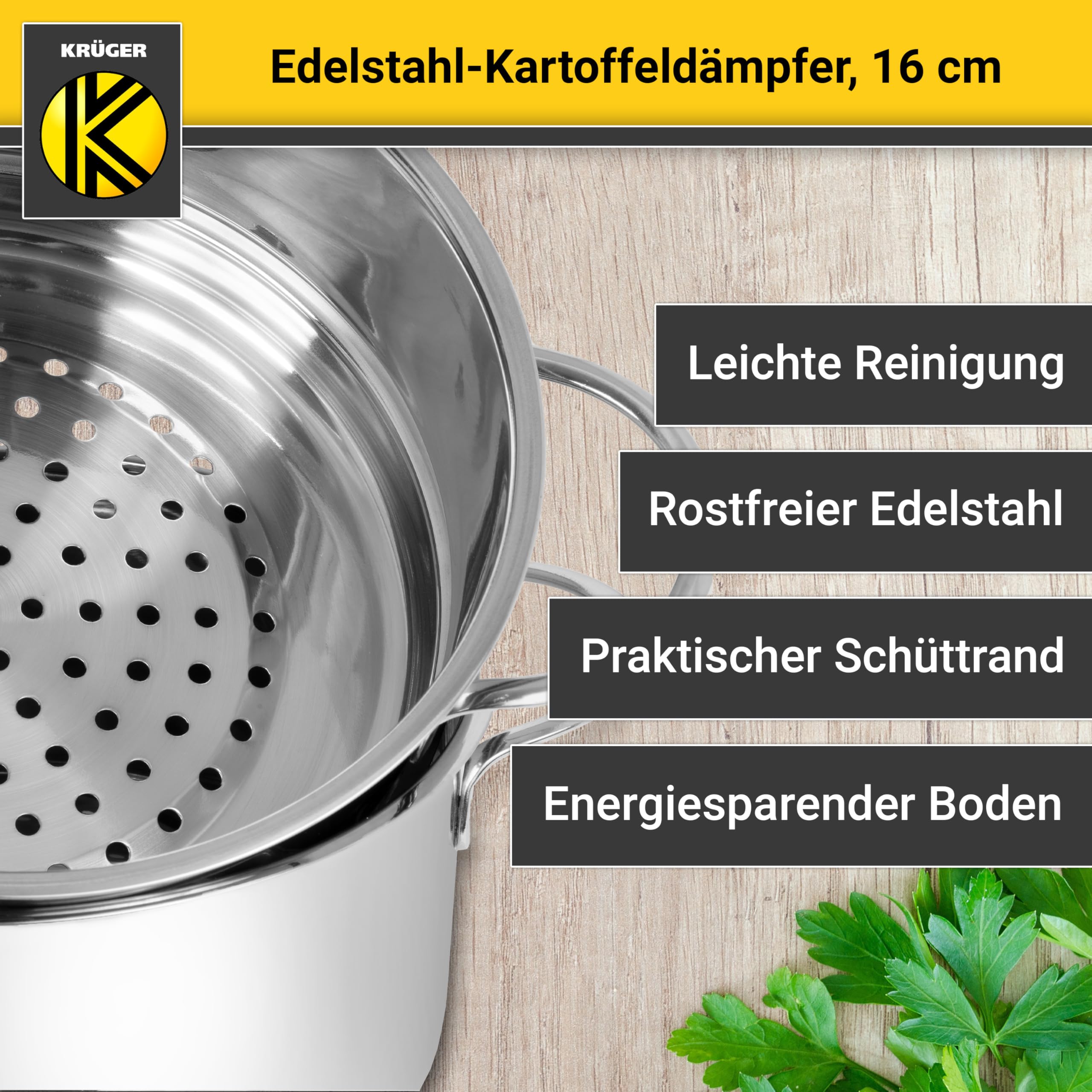 Krüger Edelstahl-Kartoffeldämpfer mit Glasdeckel - Bio-Dünster mit praktischem Schüttrand & energiesparendem Kapselboden - Topf für wasserarmes Garen & fettarmes Braten (16 cm) | PFAS-frei & unbeschichtet|Mit Glasdeckel & Kapselboden|Induktionsgeeignet|Sp
