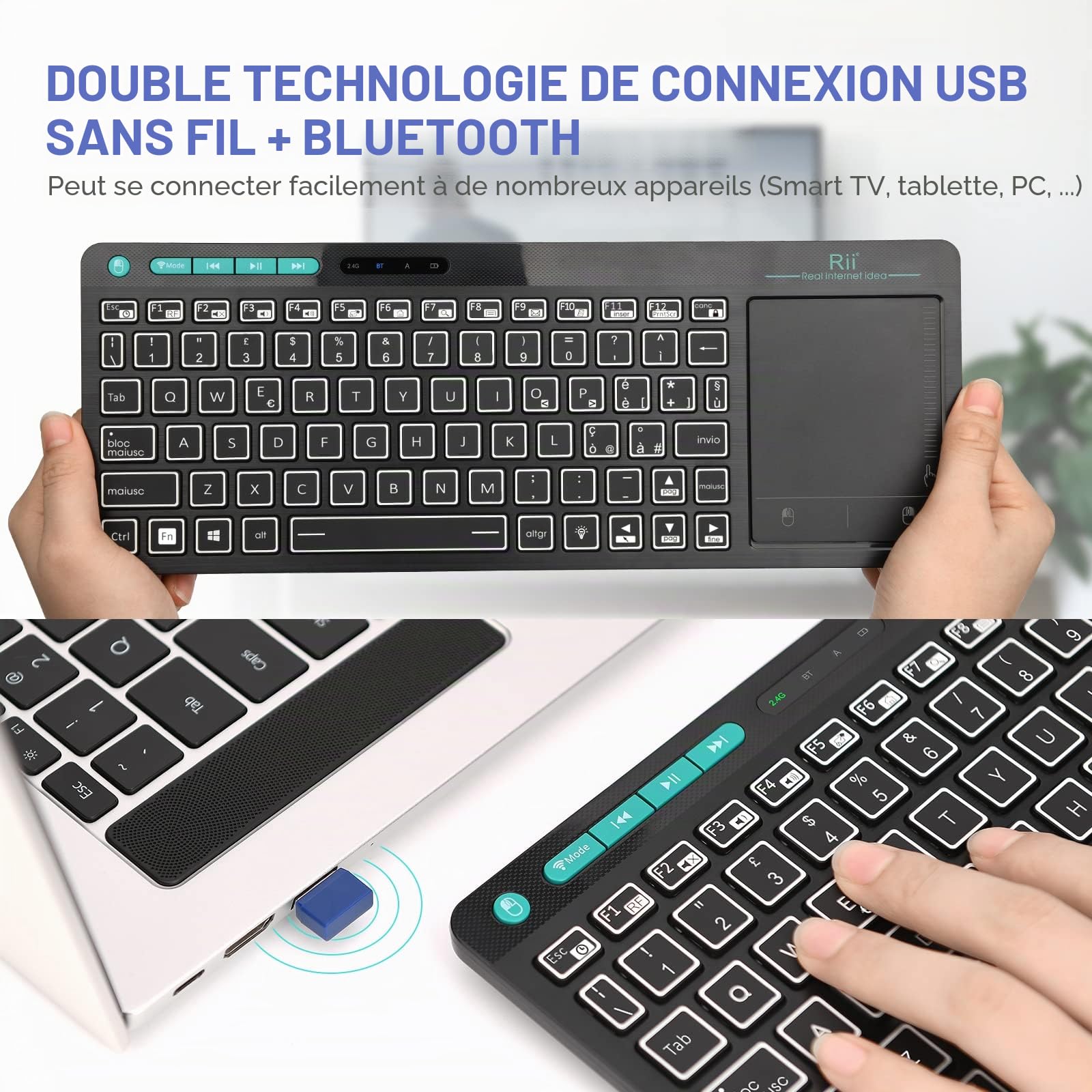 Rii Mini i18S Wireless + Bluetooth Clavier compact avec grande souris Touchpad et rétroéclairage LED, compatible avec Smart TV, TV Box, tablette, smartphone, console, PC, Fire TV, Raspberry