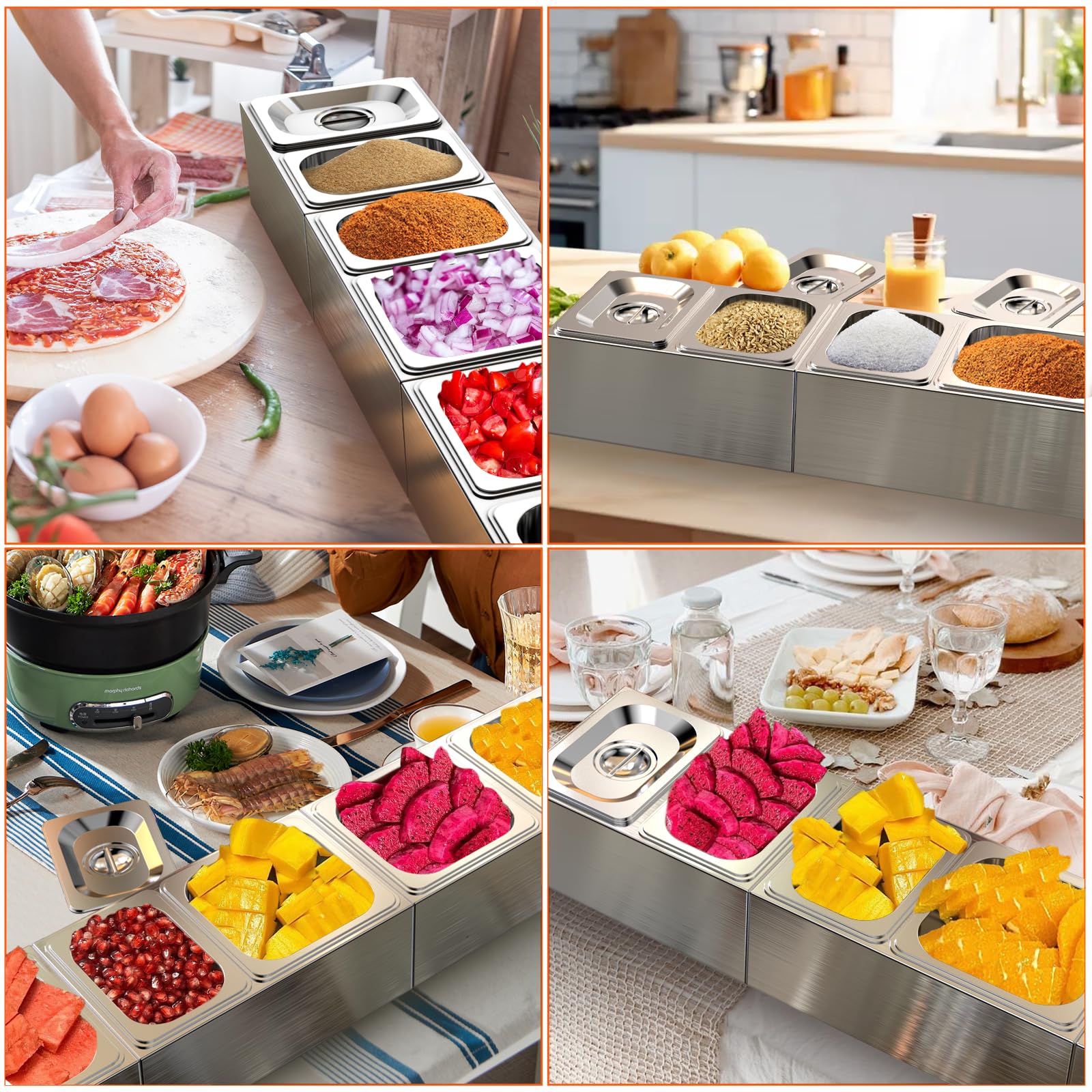 Denmay Contenitori per ingredienti di pizza, contenitori in acciaio inossidabile con coperchio, contenitori per contorni per barbecue e cucina, accessori per pizza in acciaio inossidabile, set da 6