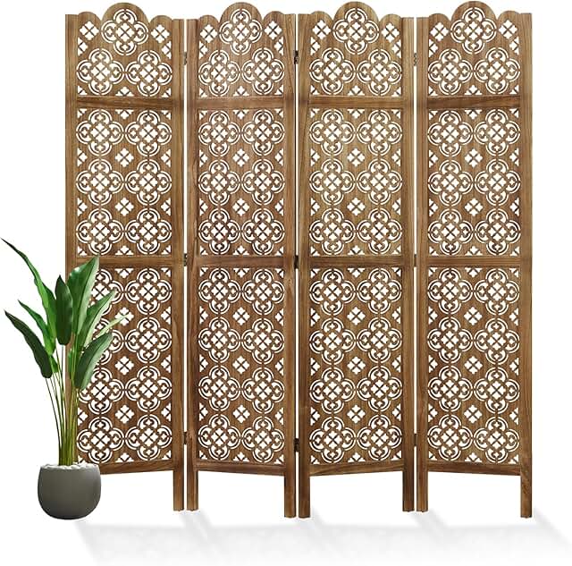 68.9Inch Folding Room Divider, 4 Panels Wood Carved Privacy Screens - Id...