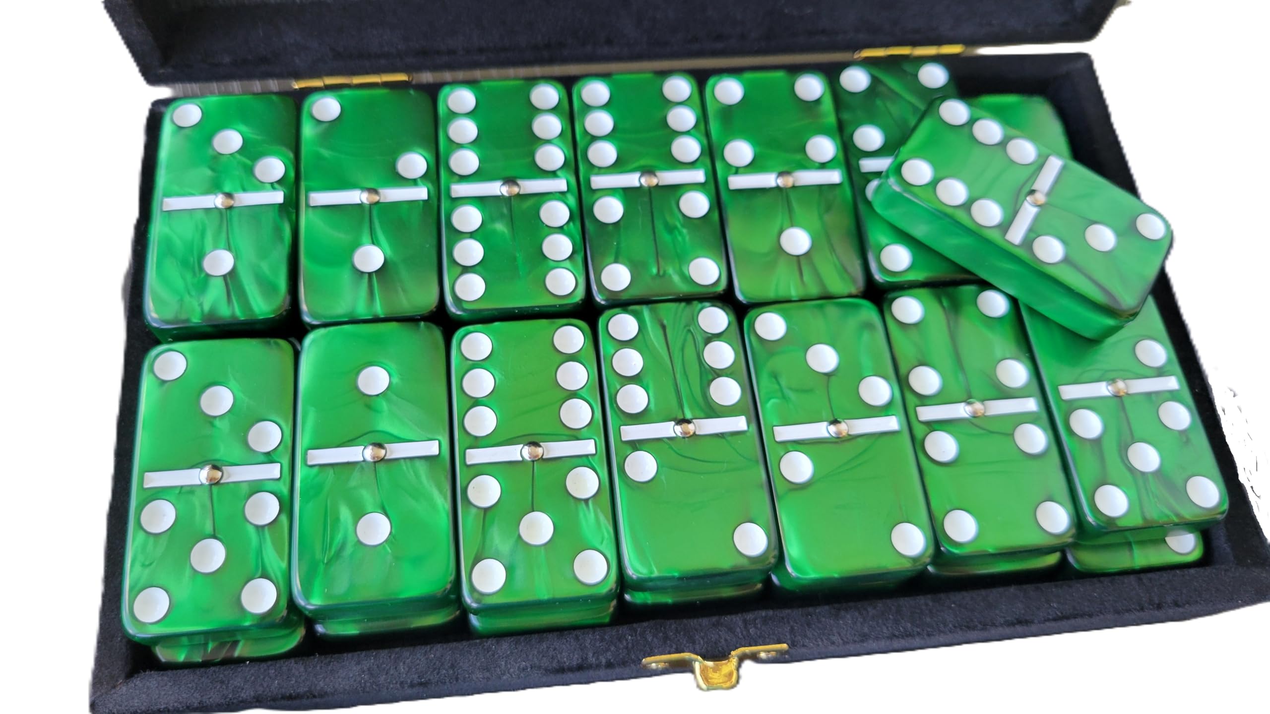 Marion Domino Double 6 Green Marbleized Jumbo Tournament Professional Size w/Spinners in Elegant Black Velvet Case.