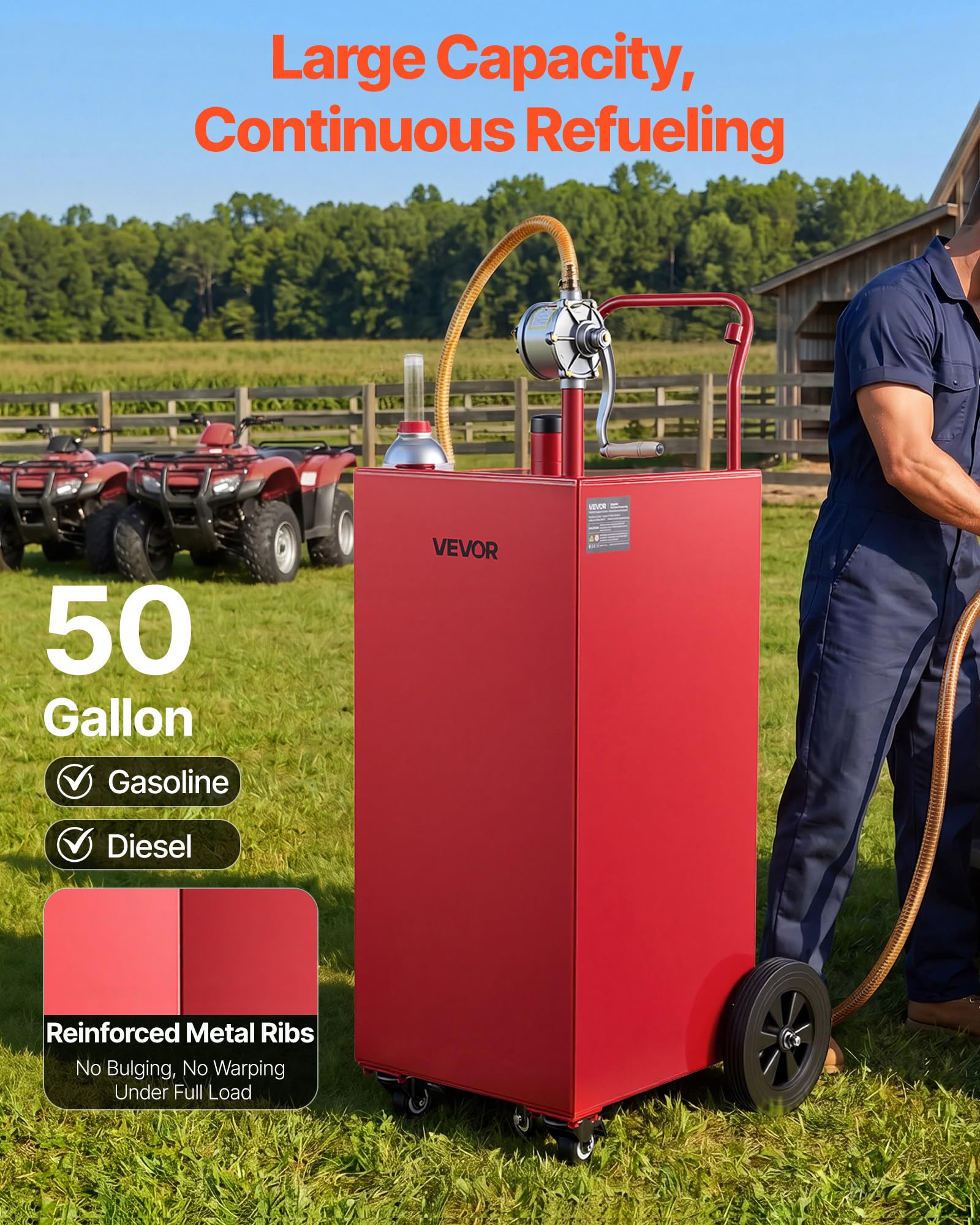 VEVOR Carro de Combustible de 189,3 L con Depósito de Gasolina y Diésel, Tanque de Combustible con 4 Ruedas, Bomba Manual de Trasvase Bidireccional, Acero al Carbono, para Garaje, Granja y Exterior