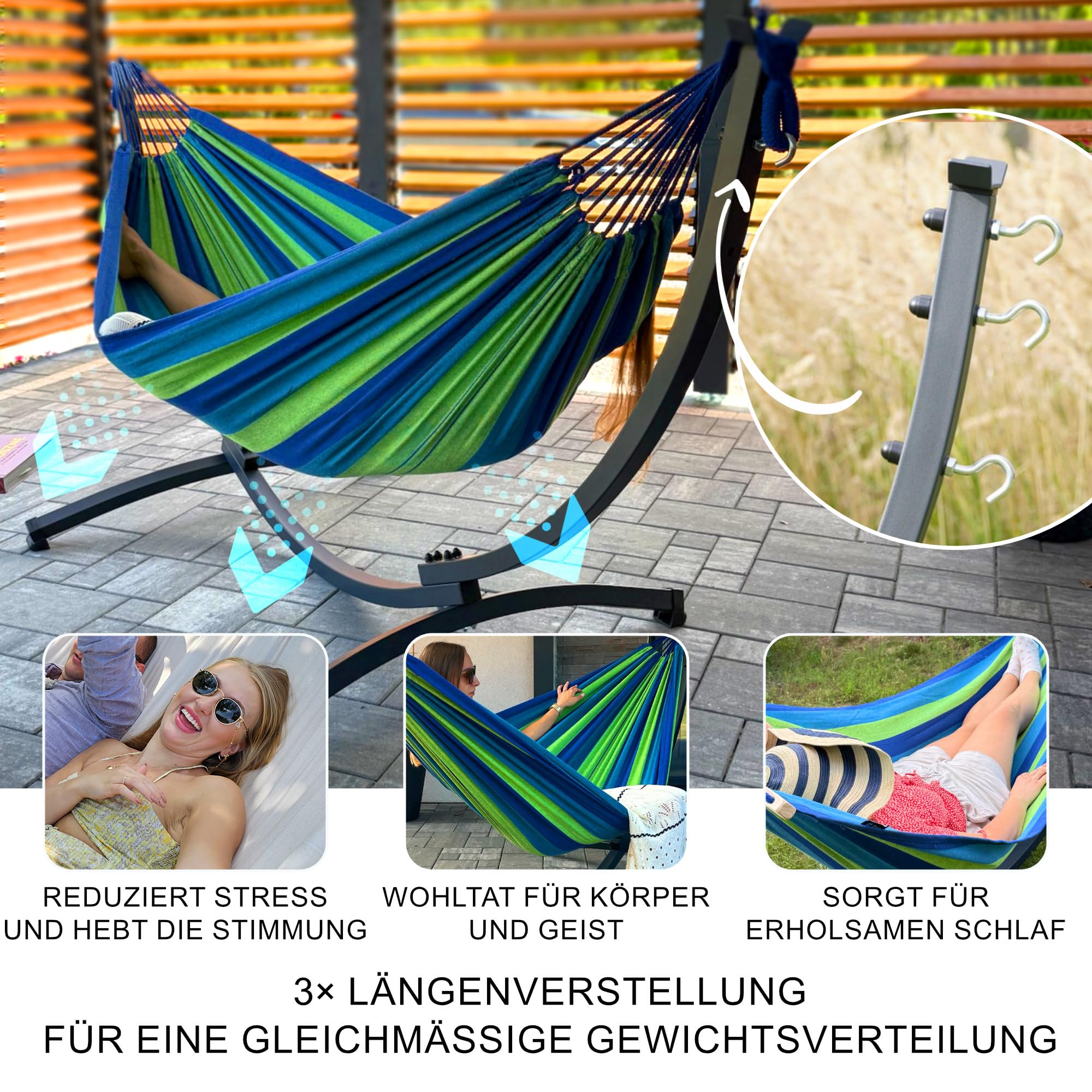 Potenza Hängematte mit Gestell I Stabiler Rahmen 200kg - 250cm Balkon I Hängematte 200x120cm I Indoor Outdoor Garten Pool Terrasse Stahl (Basic Gestell Graphit, Rot)