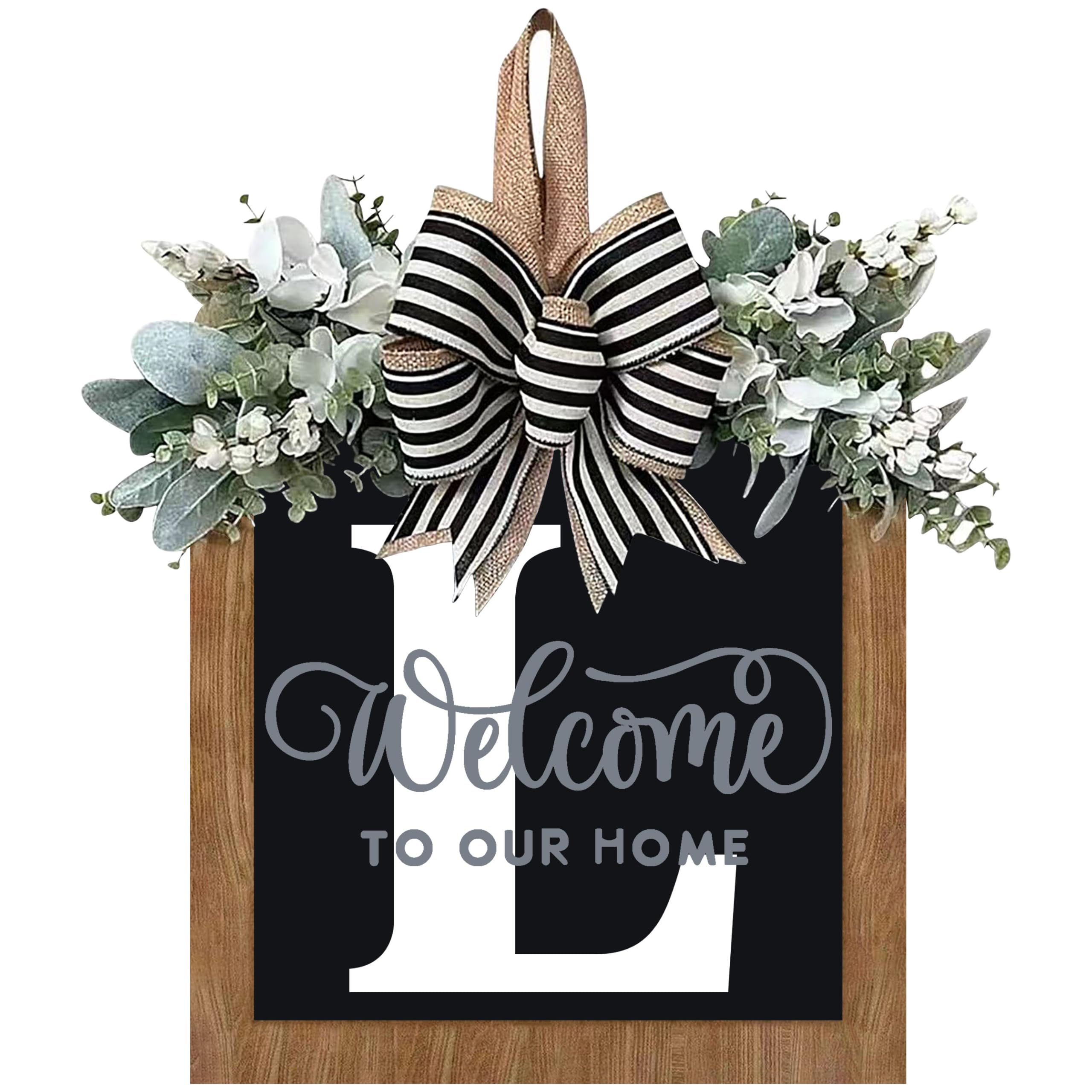 Photo 1 of 14’’ Last Name All Year Round Front Door Wreath, 26 Letter Welcome Sign Door Wreaths for Front Door Outside, Welcome Garland and Eucalyptus and Bow Suitable for All Seasons for Outdoor Decoration (L)