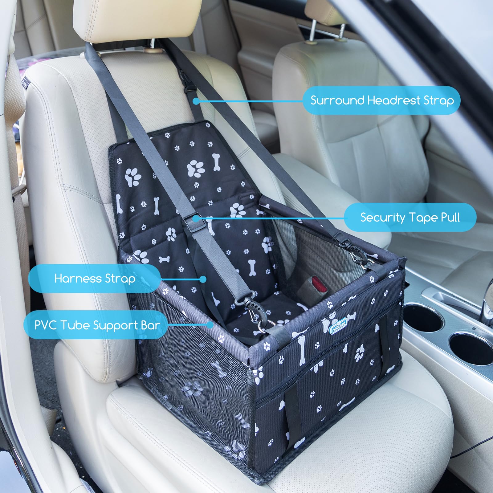 Nobleza Seggiolino Auto per Cani Piccola Taglia e Gatti, Trasportino Cane Auto con Tasca con Cerniera e Cintura di Sicurezza, Impermeabile e Pieghevole, Rete Traspirante, 40x34x25cm, Nero
