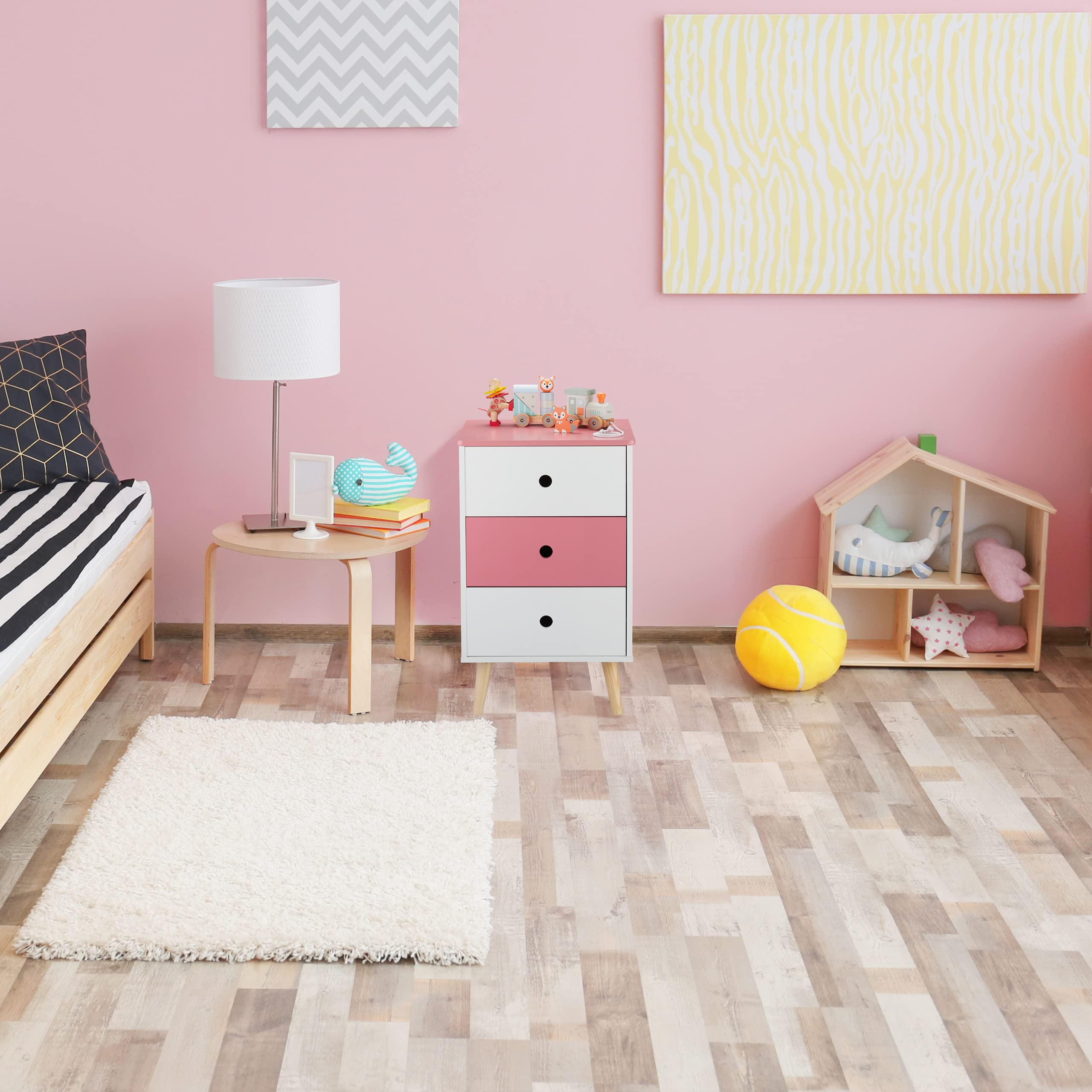 Relaxdays Cómoda Infantil Bicolor, 3 Cajones Amplios, Cajonera Habitación Juguetes, 61,5 x 38 x 30 cm, Blanco y Rosa