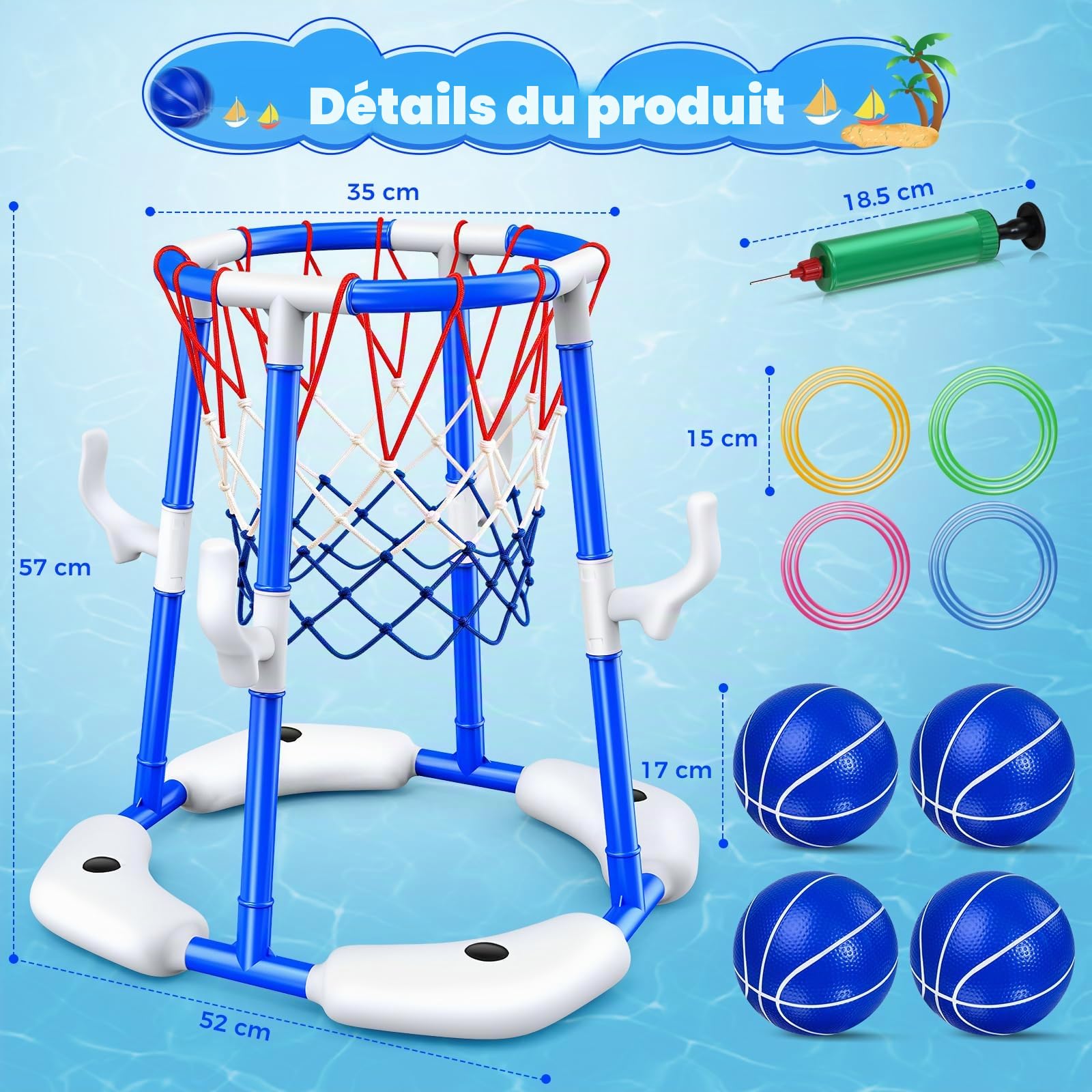 HaoVrisn Panier Basket Piscine 2 en 1, Jeux Piscine pour Enfants, 4 Ballons Flottants + 12 Anneaux + Pompe, Jouet Piscine d'Été pour Famille, Jeu d'Eau Extérieur/Intérieur pour Fête de Piscine
