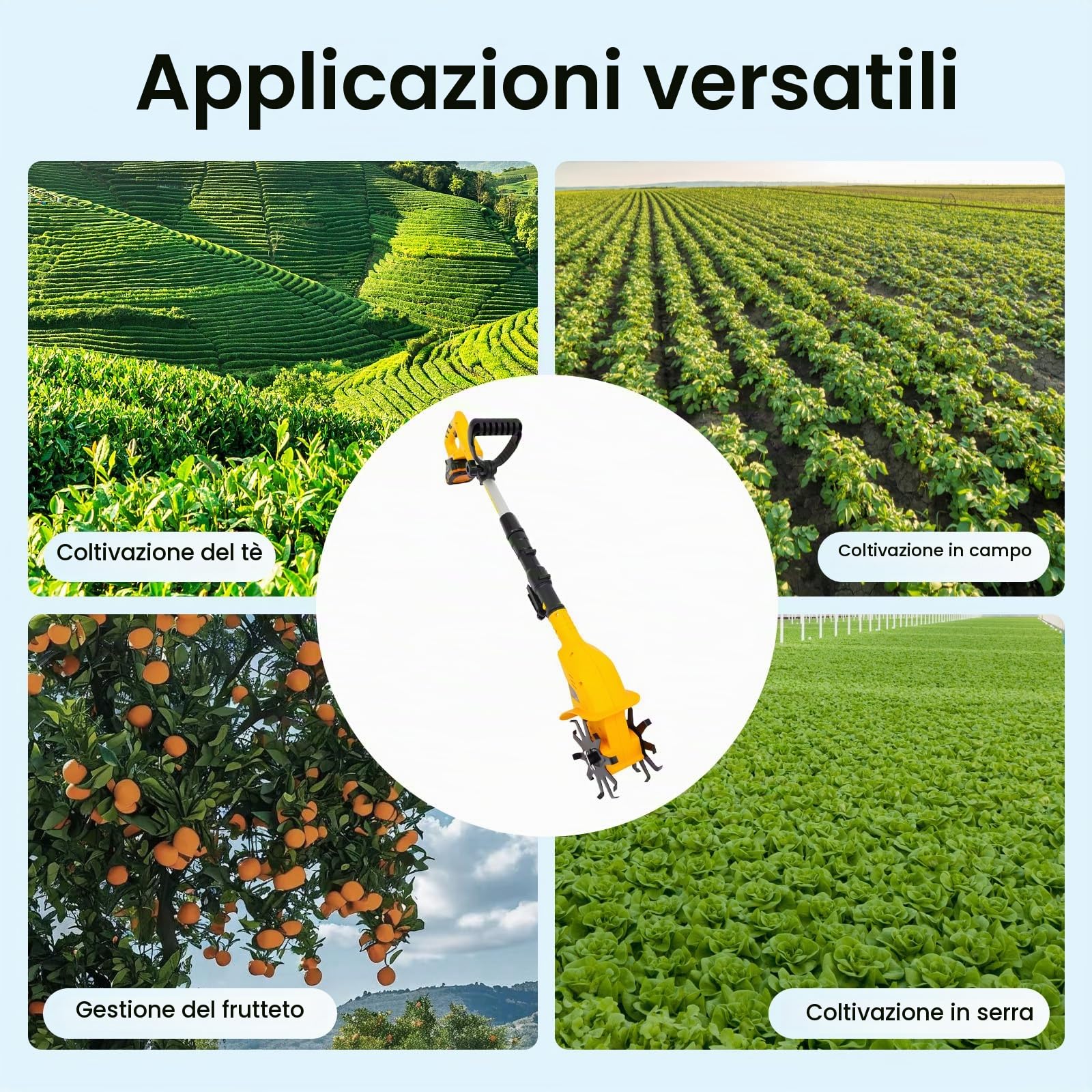 Motozappa, fresa da giardino, motozappa elettrica con batteria e caricatore, manuale regolabile a batteria, profondità di taglio 25 cm, per giardino e prato