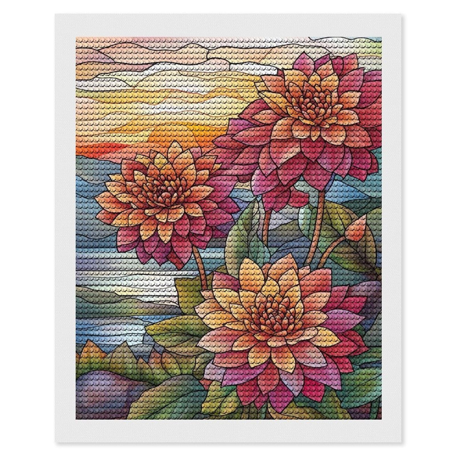 Junmoney Dahlia Sunset Diamond Art Canvas 16"x20", Easy to Follow Symbols, Finish and Display, Fun Craft Experience, Aesthetic Room Decor