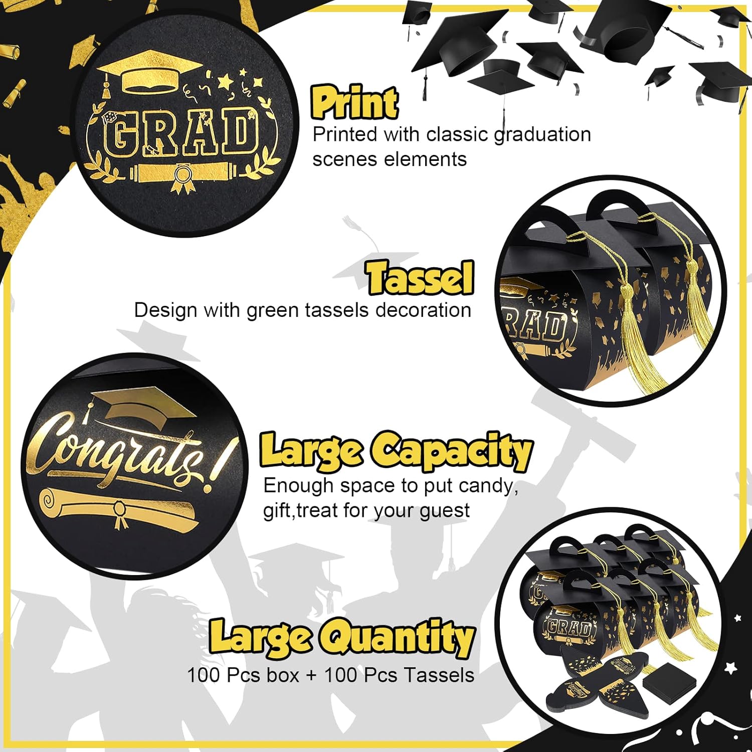 Colarr 100 Pack Graduation Cap Candy Box Graduation Party Favors Grad Gift Box with Gold Tassel Little Souvenir for Guest for Class of 2026 Party Supplies(Black, Gold)