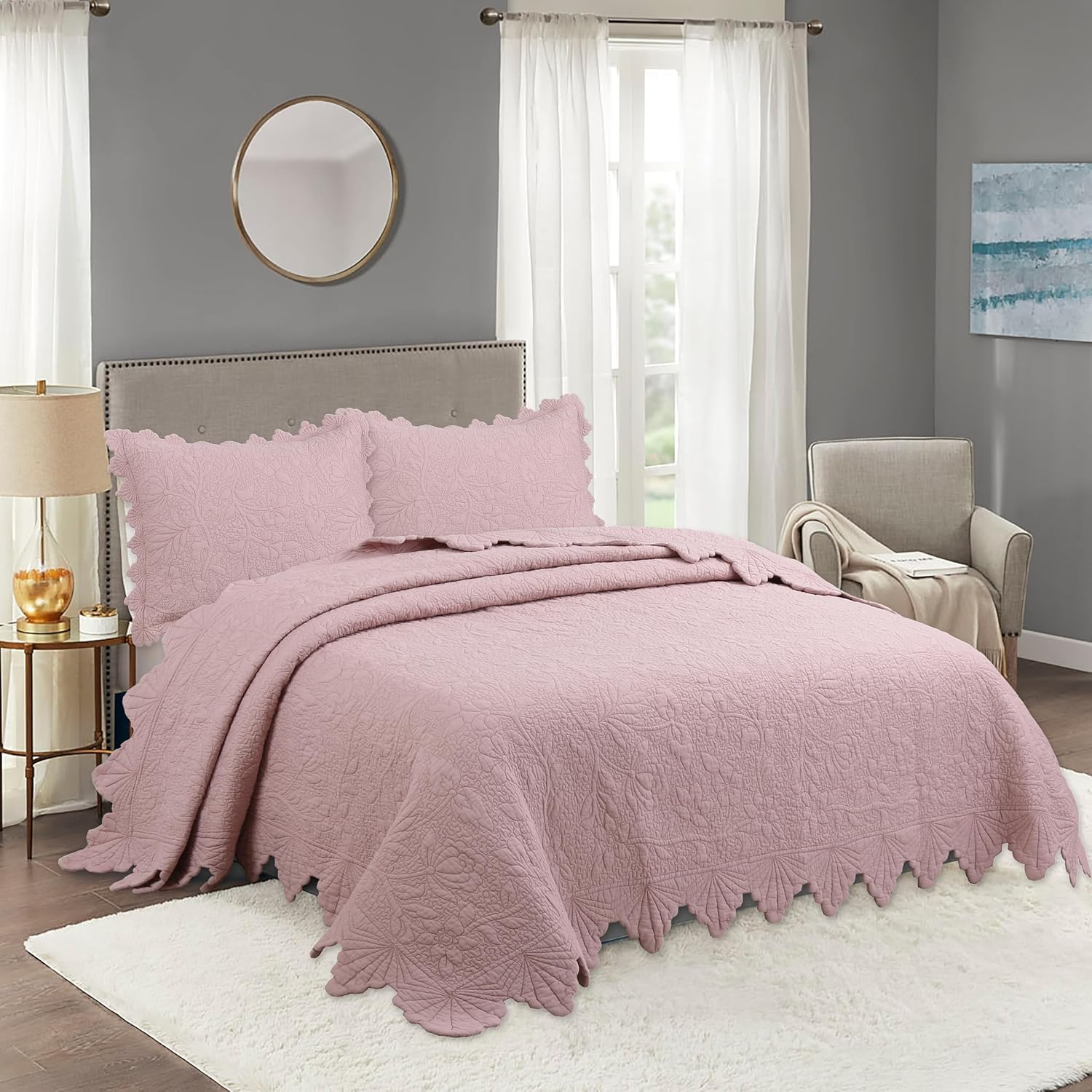 3-Pieces Embroidered 100% Cotton Queen Bedspread Textured Lightweight Soft Quilt Coverlet Sets,Cotton Quilt Queen Size Bedding Sets for All Season,with 2 Pillow Shams,Peach Pink - Image 2