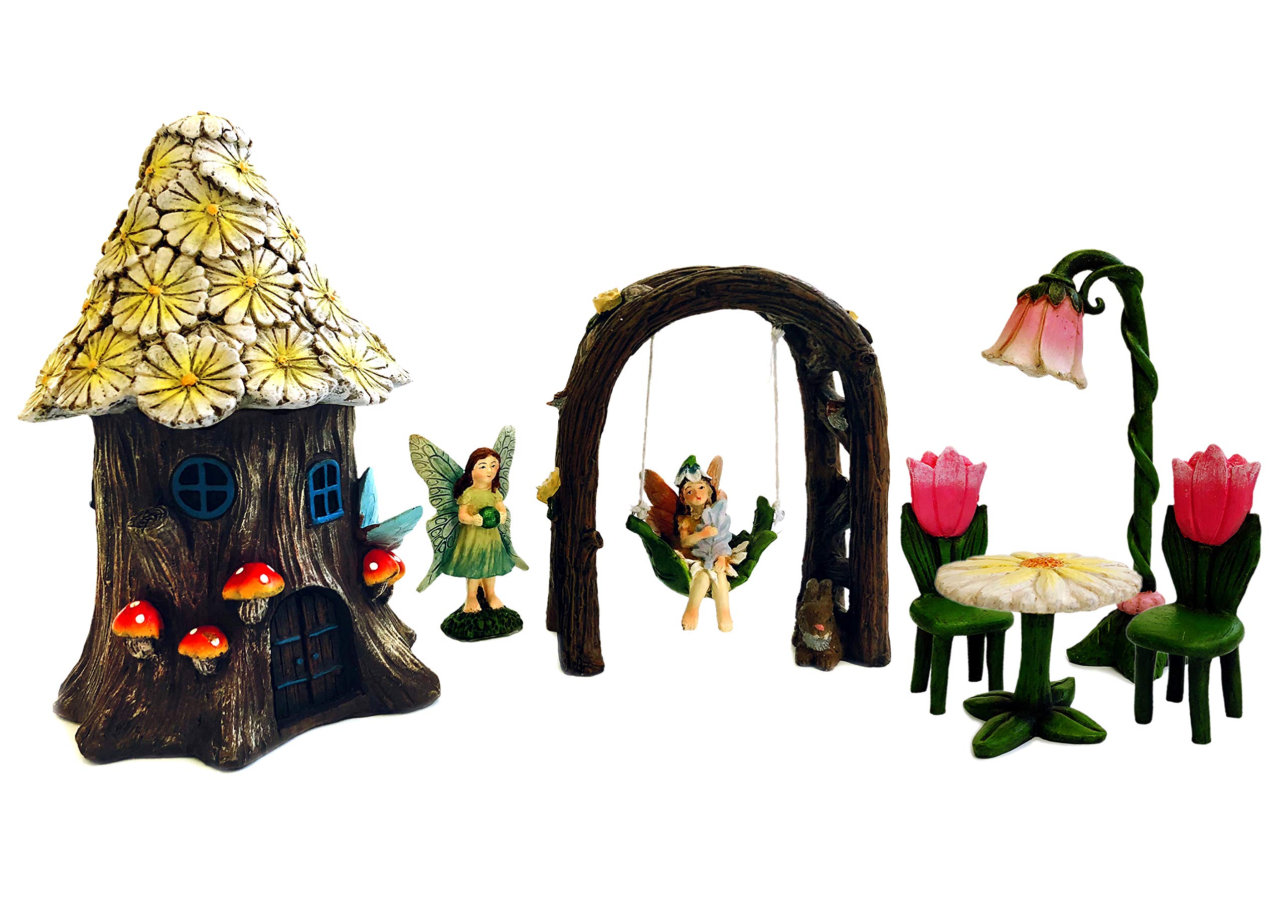 Parva Garden Premium Fairy Kit - Daisy Roof Fairy House, Standing Fairy, Fairy Arbor Swing, Fairy Seating (7, Fairy House w/Yellow Daisy Roof)