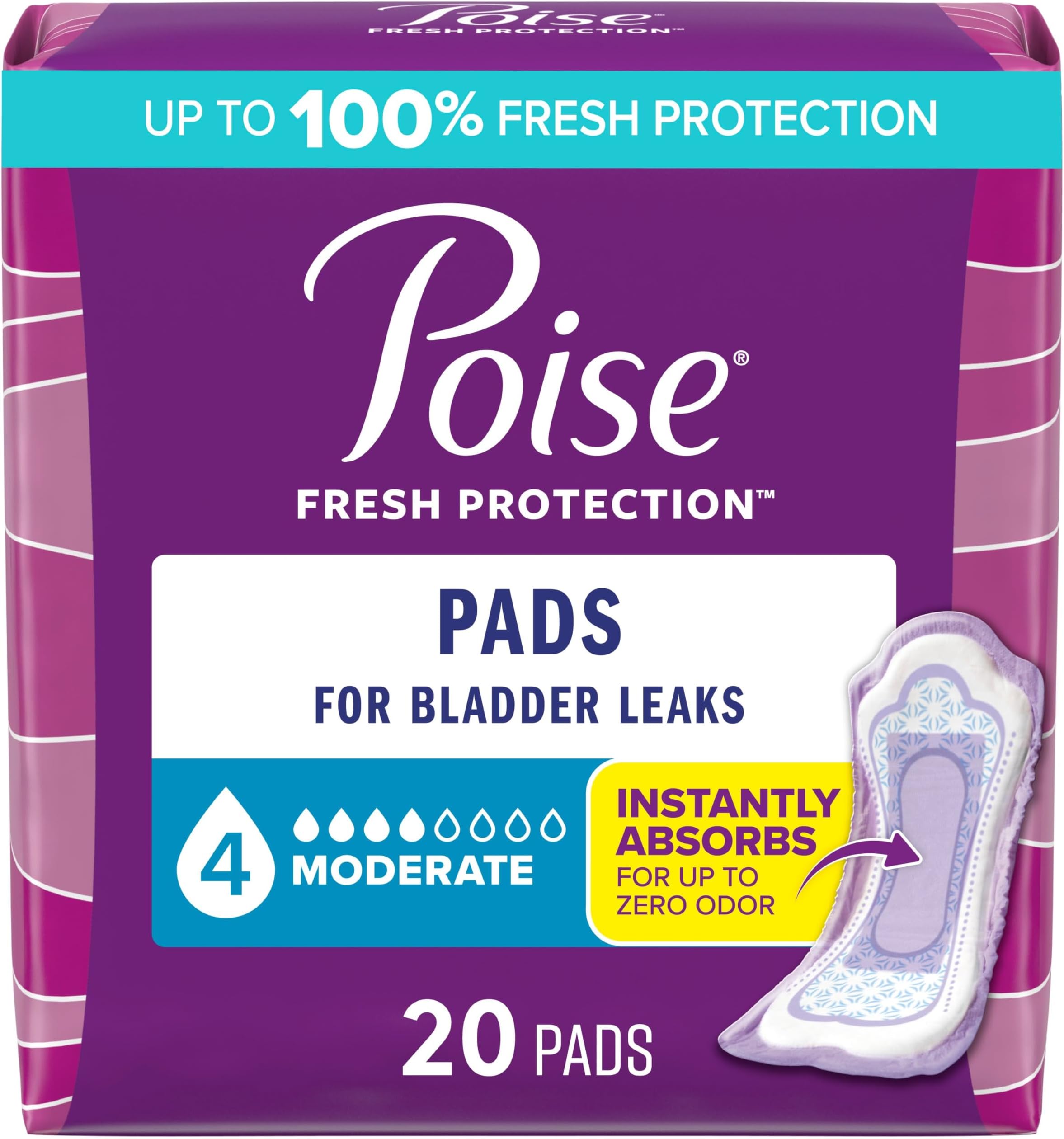Incontinence & Postpartum Pads for Bladder Leaks, 4 Drop Moderate Absorbency, Regular Length, 20 Count, Packaging May Vary
