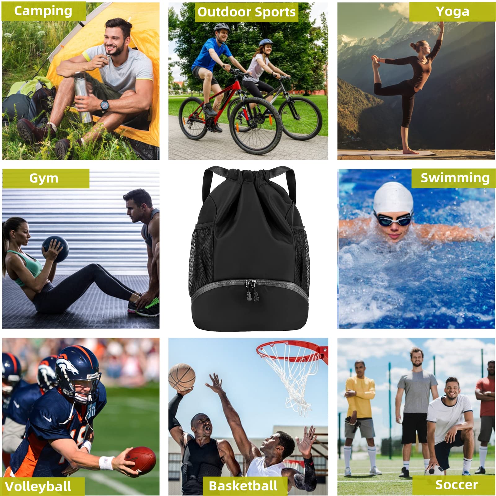 Soccer Bags, Waterproof Drawstring Gym Backpack for Baskestball Rugby Volleyball Yoga, Large Capacity Sports Bag