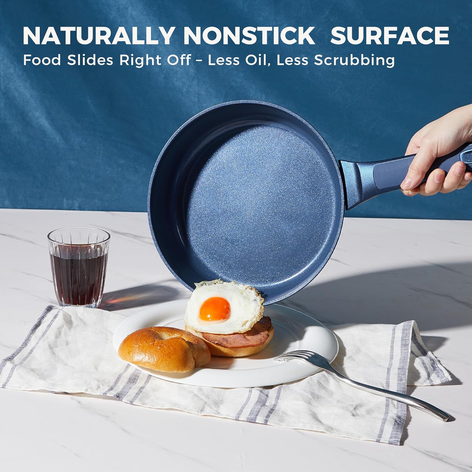 HONGBAKE 26 Pcs Pots and Pans Set Non Stick, Non Toxic Ceramic Cooking Set With 10 Silicone Utensils, Kitchen Induction Cookware & Bakeware Sets with Diamond Texture Pattern, PFOA Free, Blue