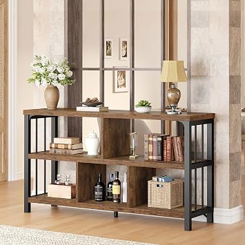 IBF 5 Cube Storage Organizer Bookshelf Low Bookcase 120cm Rustic Brown | Industrial Low Horizontal Bookshelf, Modern Wood and Metal Bookcase with Storage, Open Cubby Book Shelf for Office Bedroom