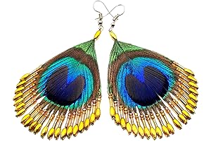 Handmade Iridescent Peacock Feather Dangle Drop Earrings
