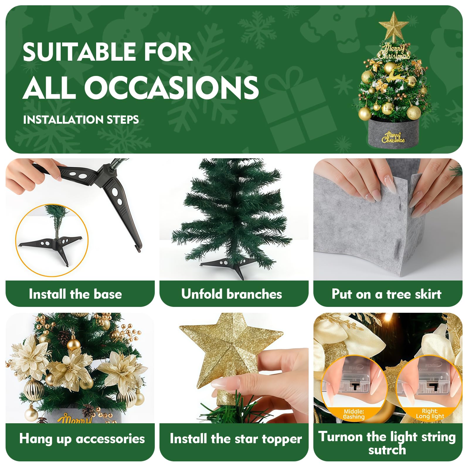 Mini Albero di Natale 60 cm Artificiale Pre-illuminato con Luci LED,Stelle, Palline e Decorazioni Natalizie,Albero da Tavolo Decorativo per Casa,Ufficio,Negozio e Vetrina Festiva