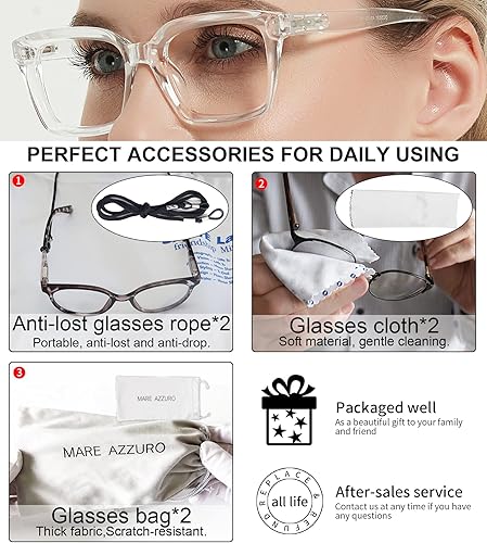 Miniatura 6 de MARE AZZURO 2 pares de anteojos de lectura 2.00 para mujer, elegantes lectores de gran tamaño 100, 150, 200, 250, 300, 350 (transparente, 2.0)