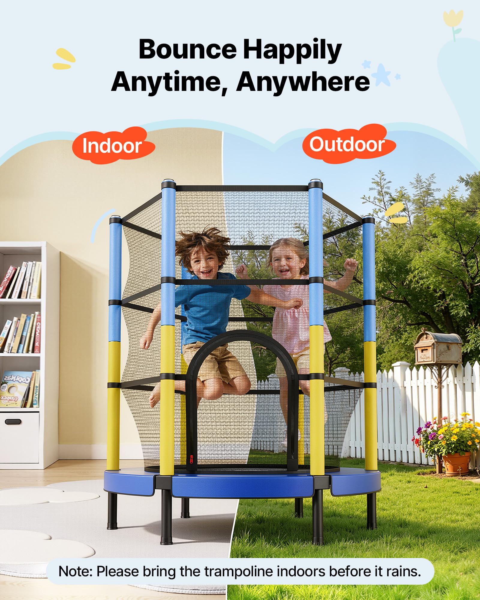 VEVOR Trampolino Elastico Giocattolo Bambini 142 cm Carico Dinamico 60 kg, Trampolino con Rete di Protezione a 360° per Salto, Struttura Rotonda, Gioco Ginnastico da Esterno Interno, Casa Cortile