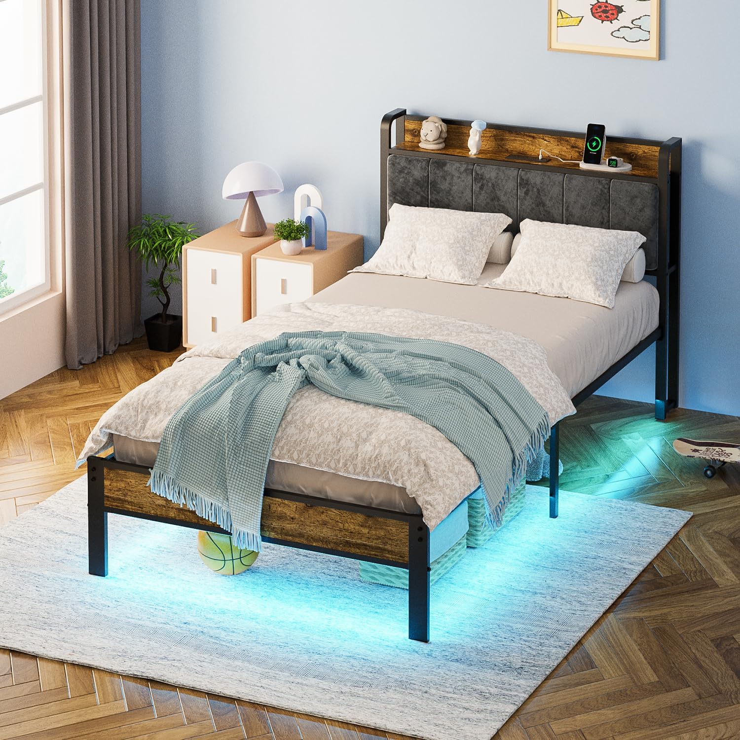 ALBERTO Bed Frame Twin Size with USB Charging Station and Smart LED Lights, Upholstered Storage Headboard, Heavy Duty Metal Platform Bed Noise Free, No Box Spring Needed, Easy Assembly